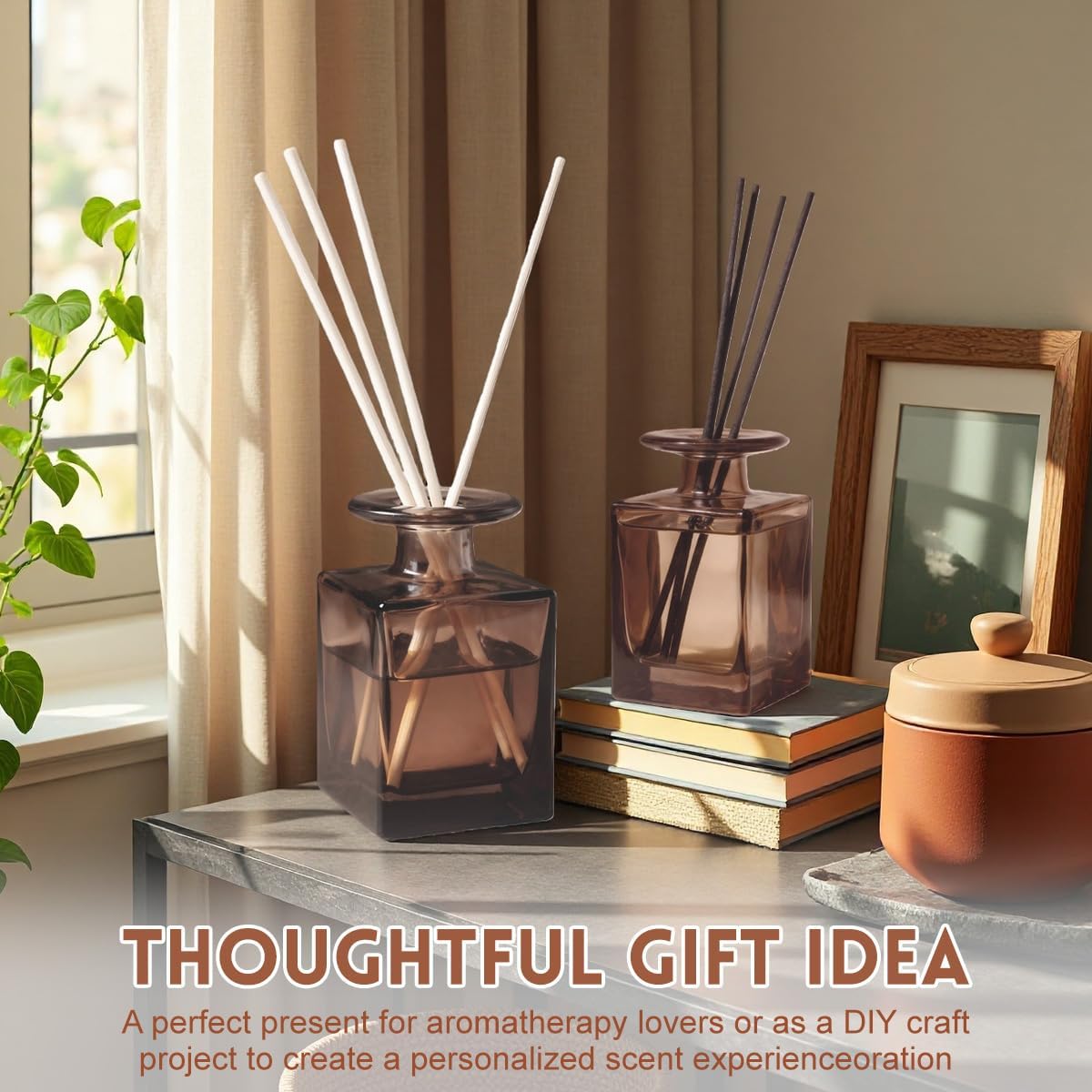 150ML/5OZ Square Glass Diffuser Bottles Empty Decorative Bottle Refillable Aromatherapy Container Fragrance Accessories for Home and Office(Brown)