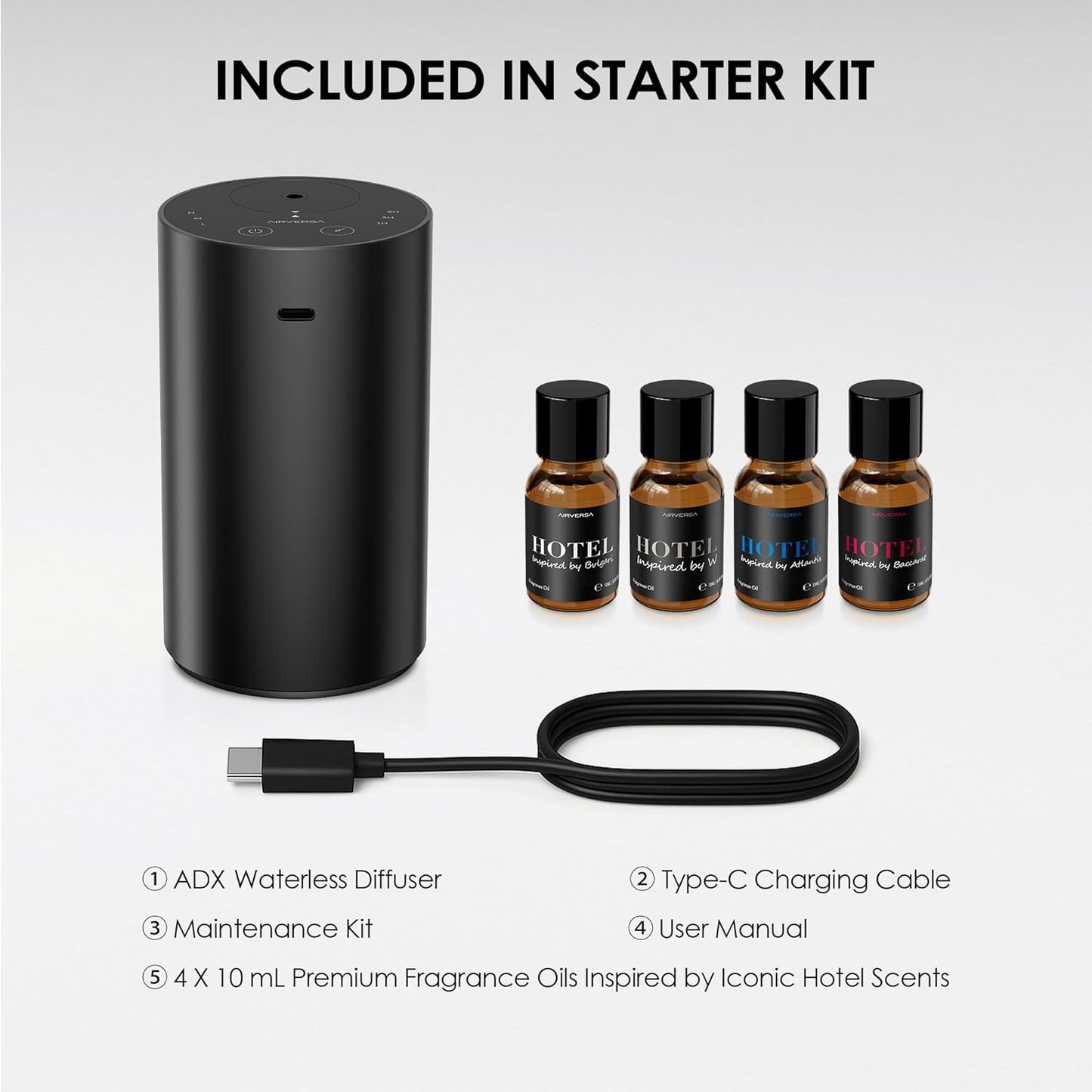 Airversa Waterless Essential Oil Diffuser Starter Kit with 4 x 10mL Hotel Scent Fragrance Oil, Aluminum Housing, Battery Operated Mini Scent Air Portable Diffuser for Home Car Office, ADX Kit Black