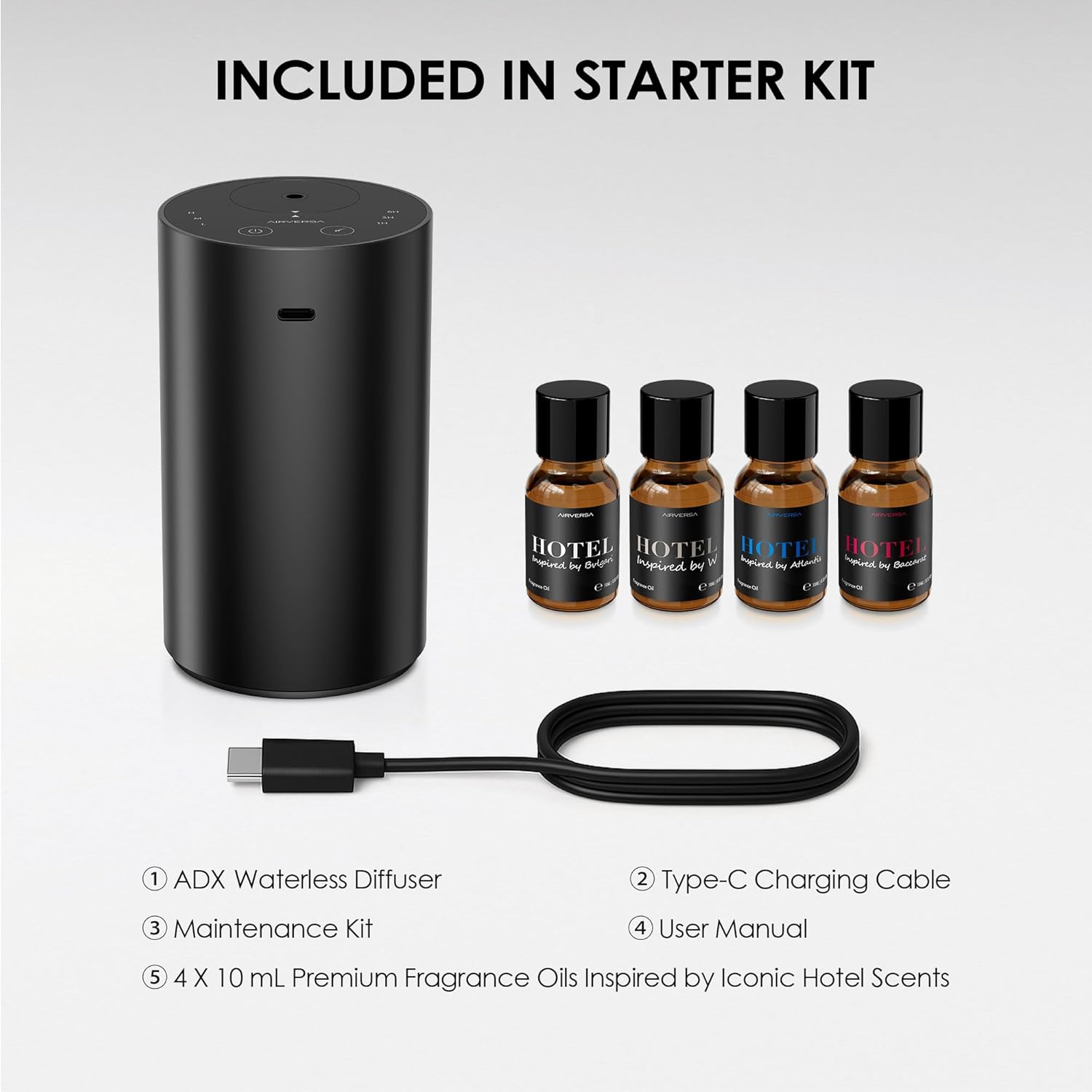 Airversa Waterless Essential Oil Diffuser Starter Kit with 4 x 10mL Hotel Scent Fragrance Oil, Aluminum Housing, Battery Operated Mini Scent Air Portable Diffuser for Home Car Office, ADX Kit Black