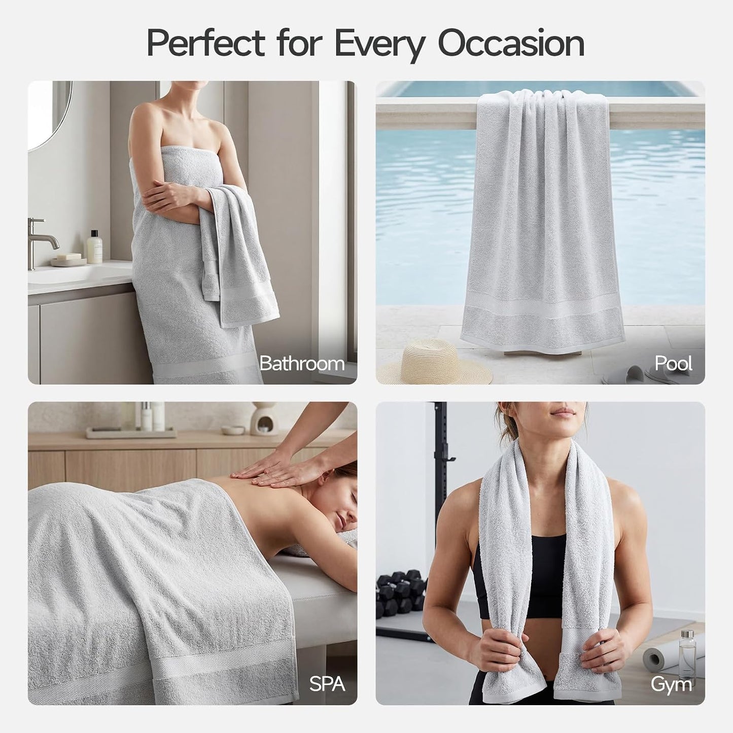 ecolook 6-Piece Bath Towel Set, 100% Cotton, Ultra Soft & Quick Dry | 2 Bath Towels 28x55 Inch, 2 Hand Towels, 2 Washcloths, Lightweight Highly Absorbent Towels for Bathroom, Spa, Gym, Light Gray