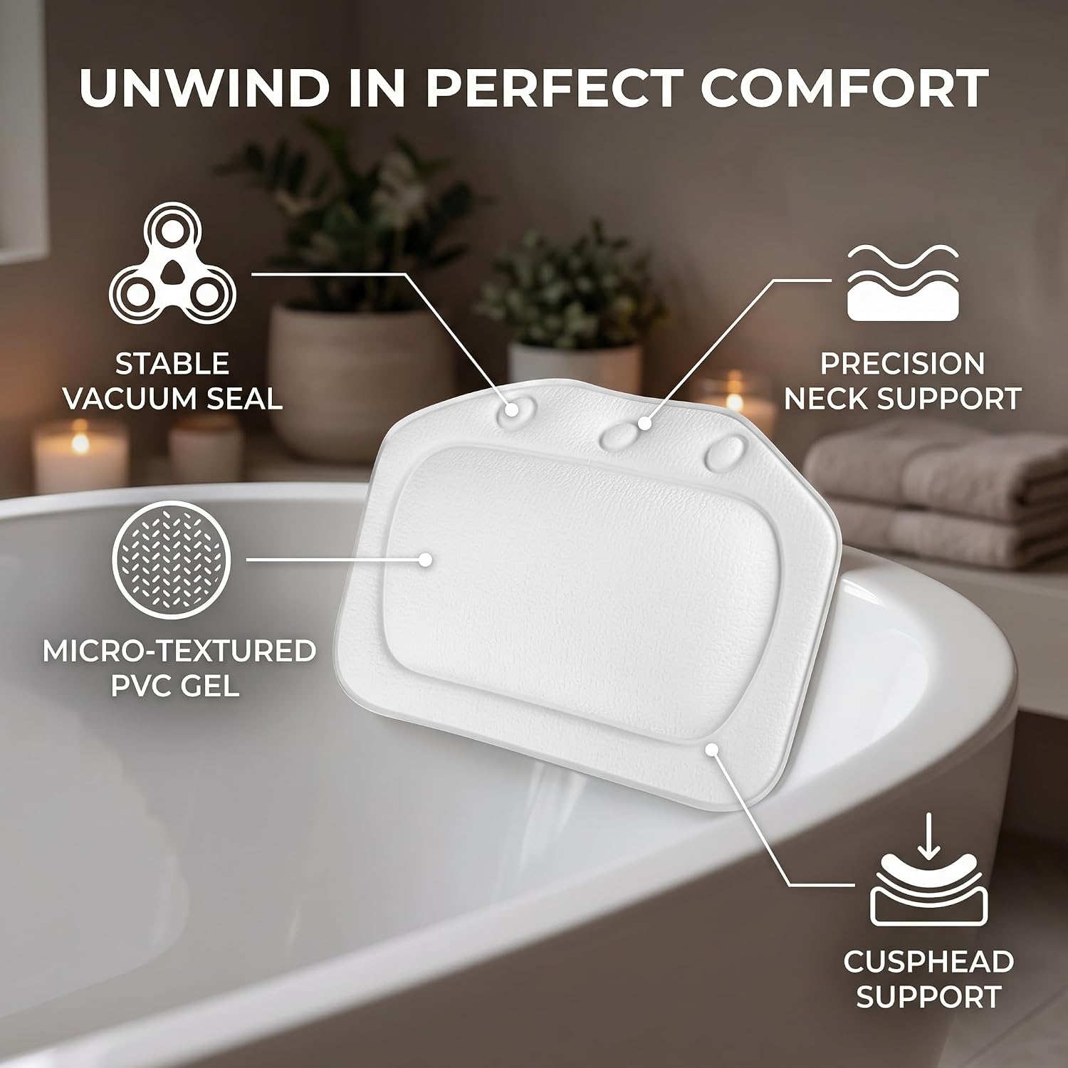 ZPSHYD Bathtub Pillow, Soft Foam Padded Spa Bath Pillow Tub Headrest Head Neck Back Cushion Bathroom for Bubble Soaking Bath (White)
