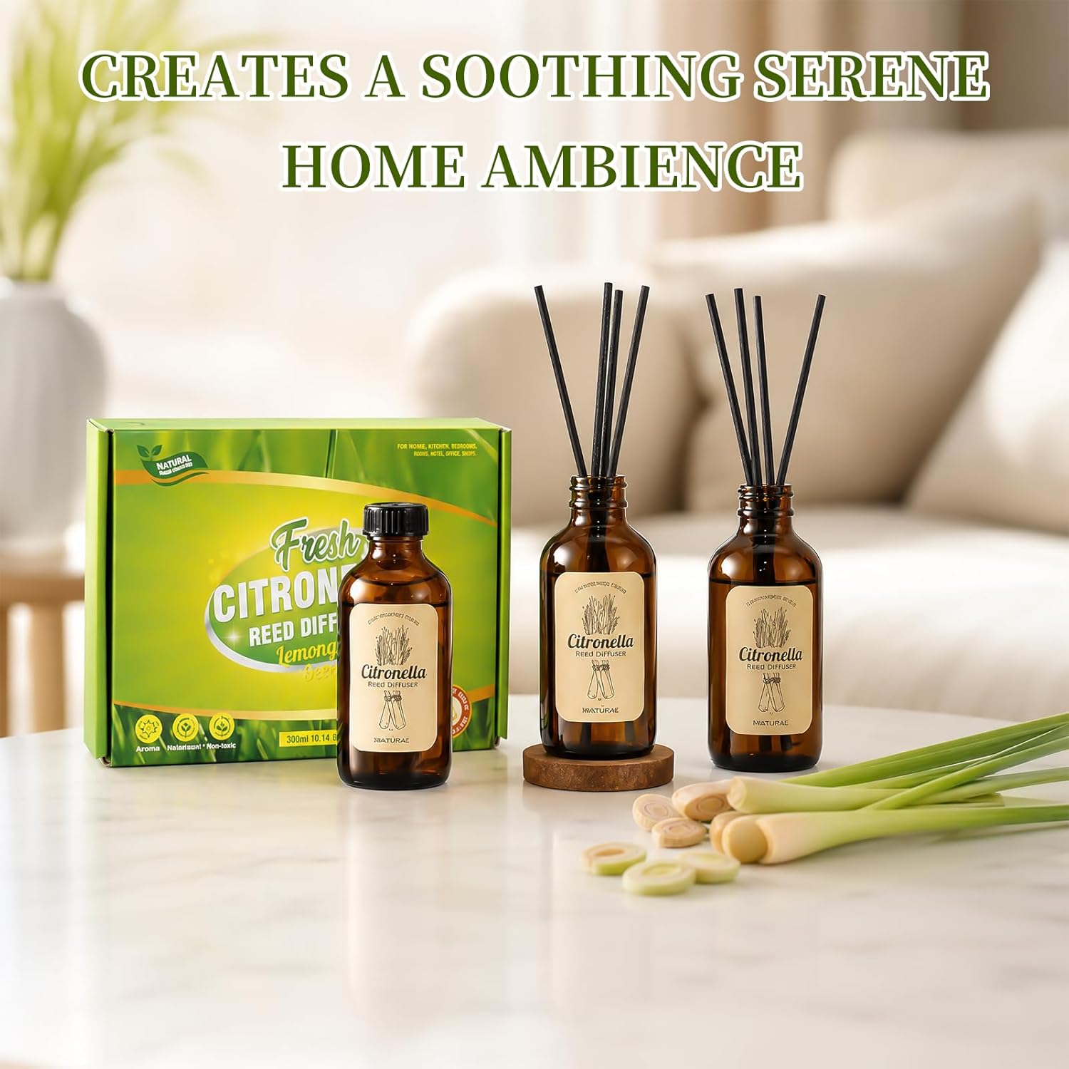 STRN Citronella Reed Diffuser Set, Citronella Scent Oil Diffuser with 18 Sticks, 3 Packs 300ML(10.14fl.oz), Summer Air Fresheners, Refreshing Long-Lasting Fragrance for Living Room, Bedroom, Office