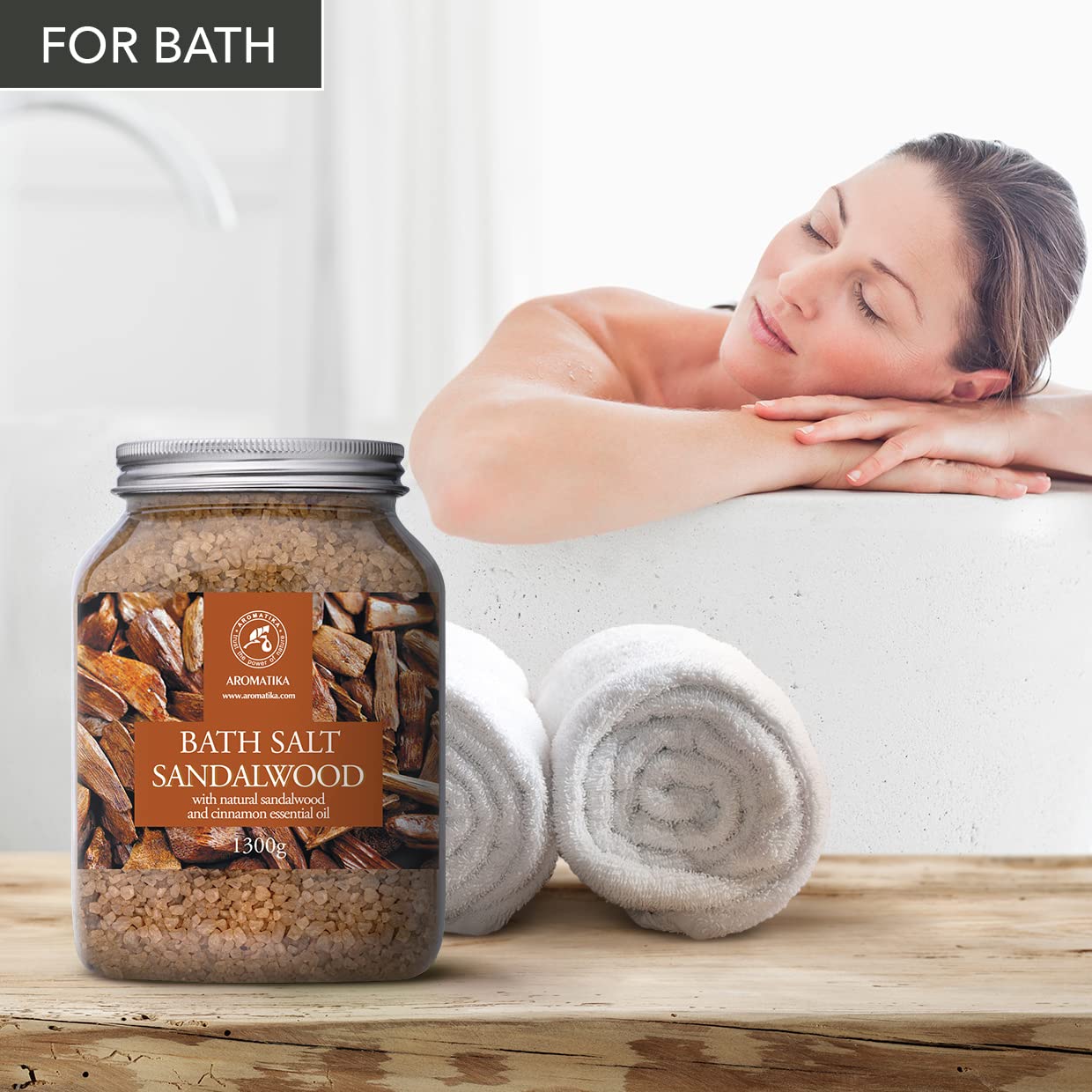 Bath Sea Salt Sandalwood 46 Oz (1300g) - Bath Salts with Sandalwood & Cinnamon Essential Oil for Bath Soak - Relaxing Bath - Muscle Relaxation - Aromatherapy Bath Salts - Sea Salt Bath