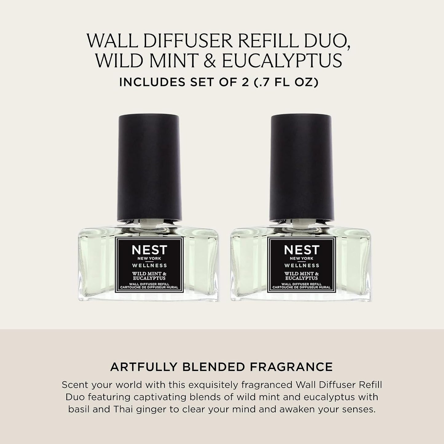 NEST New York Wall Diffuser Refill Vials, Wild Mint & Eucalyptus - Set of 2 - Up to 60 Days of Continuous Scent - Cruelty Free, Vegan - Made in USA