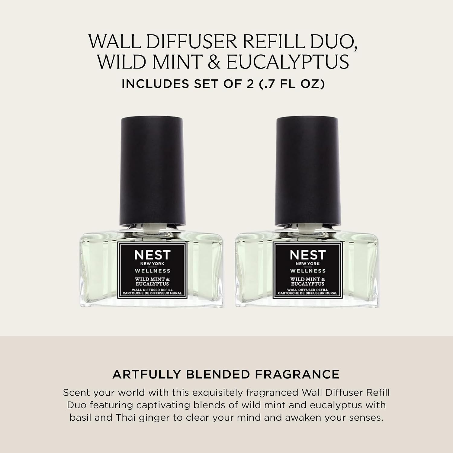 NEST New York Wall Diffuser Refill Vials, Wild Mint & Eucalyptus - Set of 2 - Up to 60 Days of Continuous Scent - Cruelty Free, Vegan - Made in USA