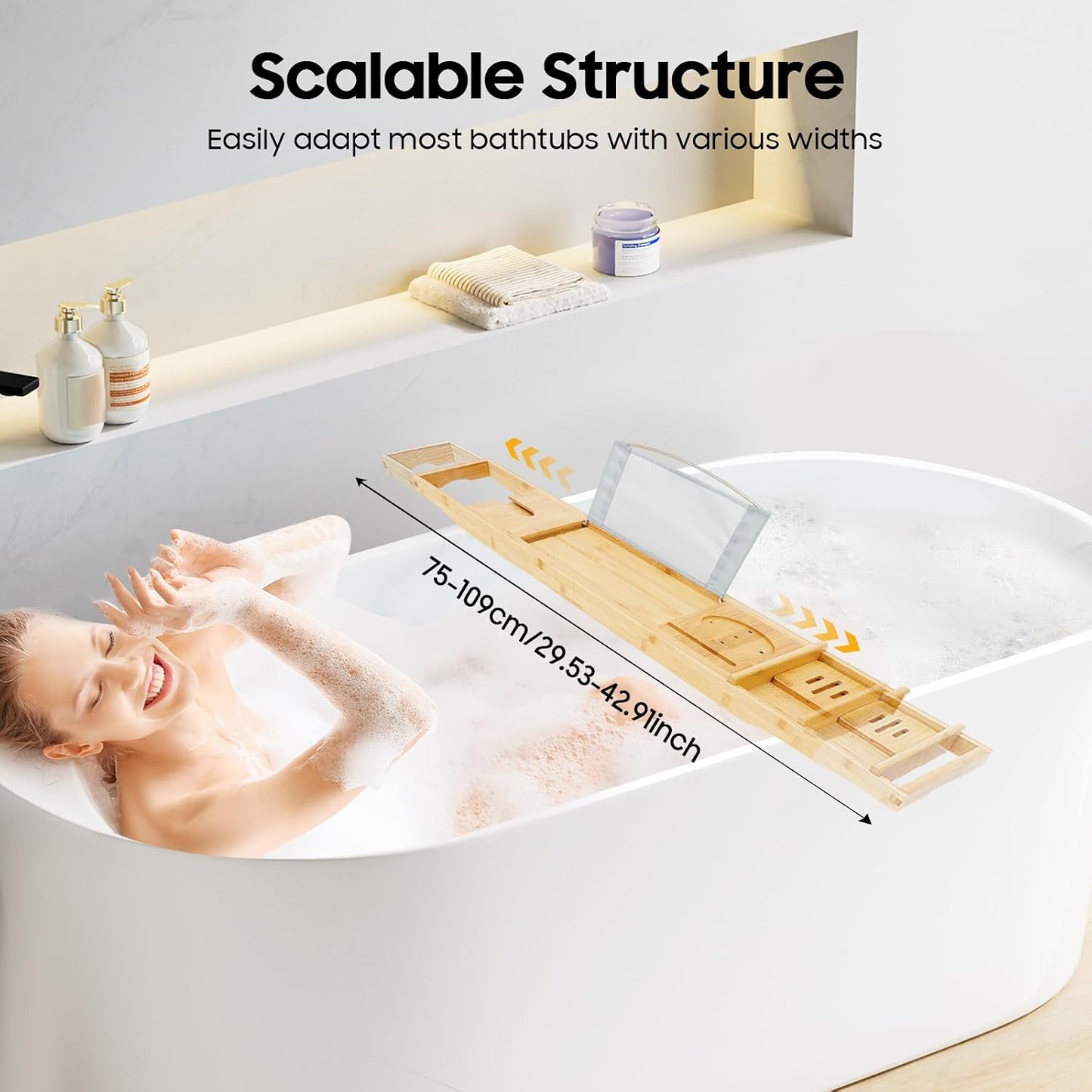 Bamboo Bath Tray, Table Bathroom Tub Shelf Bath Desk Movable Pad Tablet Holder Over Tub Shelf Length Adjustable Natural Wood Bath Tub Organizer Placed Book Smartphone