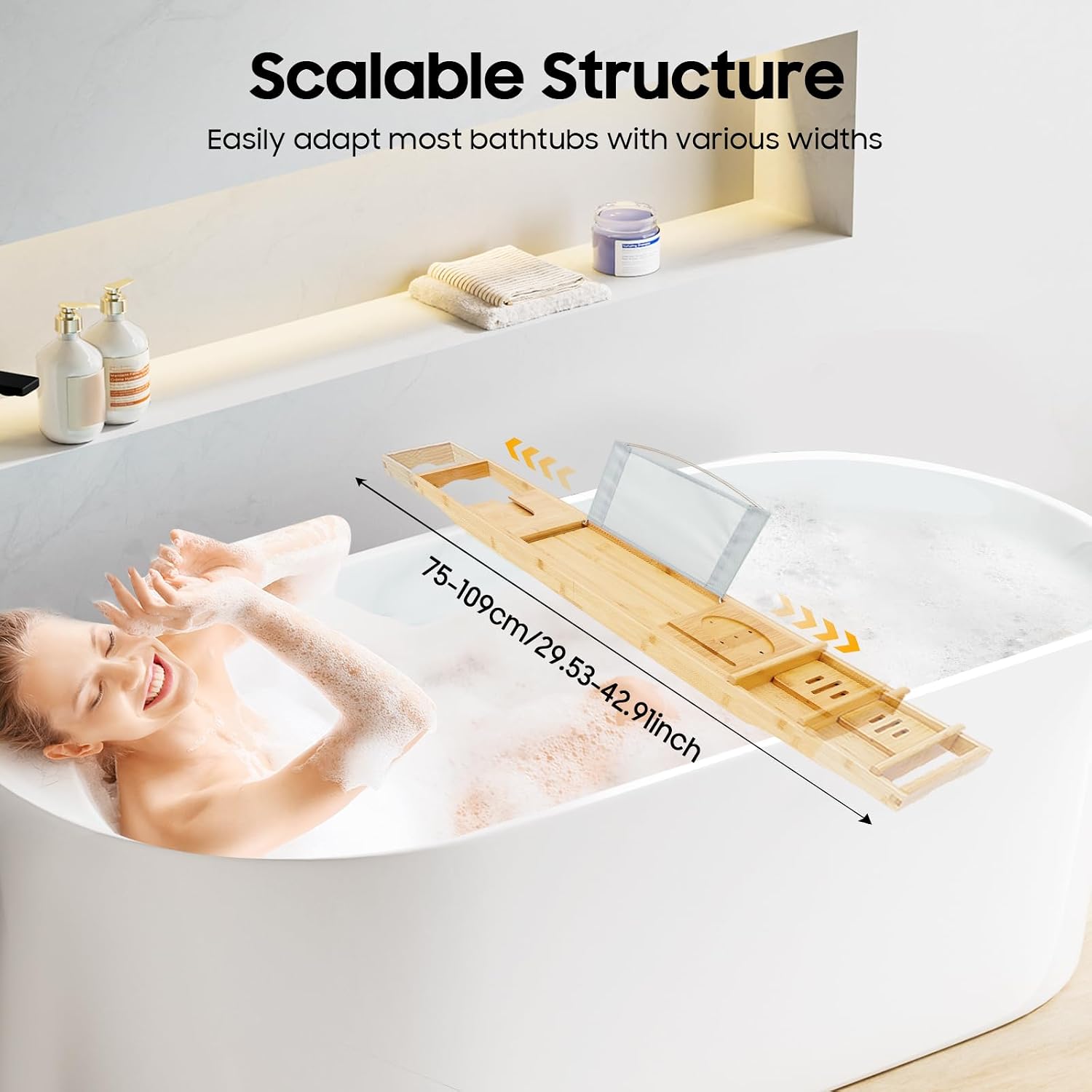 Bamboo Bath Tray, Table Bathroom Tub Shelf Bath Desk Movable Pad Tablet Holder Over Tub Shelf Length Adjustable Natural Wood Bath Tub Organizer Placed Book Smartphone