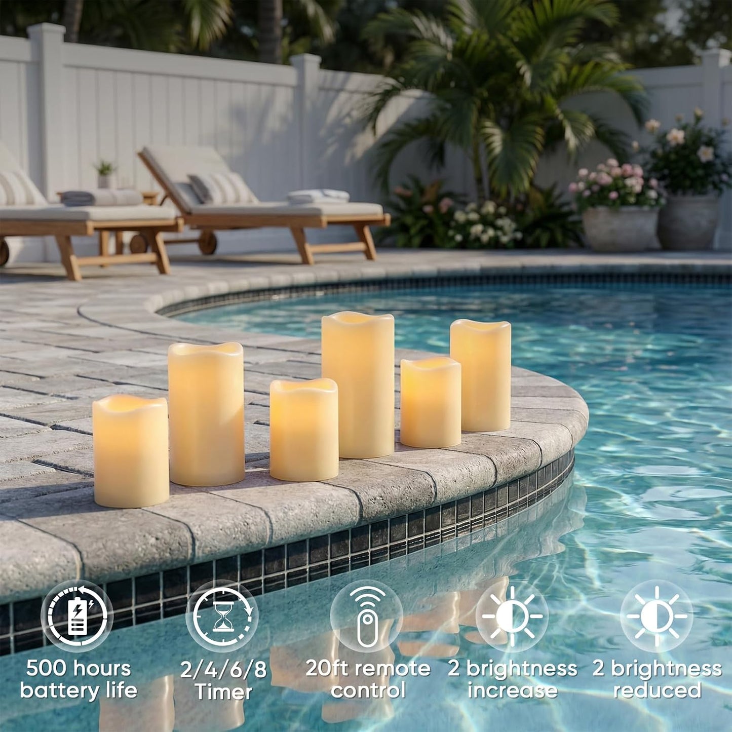 Amagic 3" x 6" Outdoor Waterproof Flameless Candles, Battery Operated Candles with Remote and Timer, Flickering Electric LED Pillar Candle for Outdoor Patio, Garden, Indoor Room Decor, Ivory, Set of 6