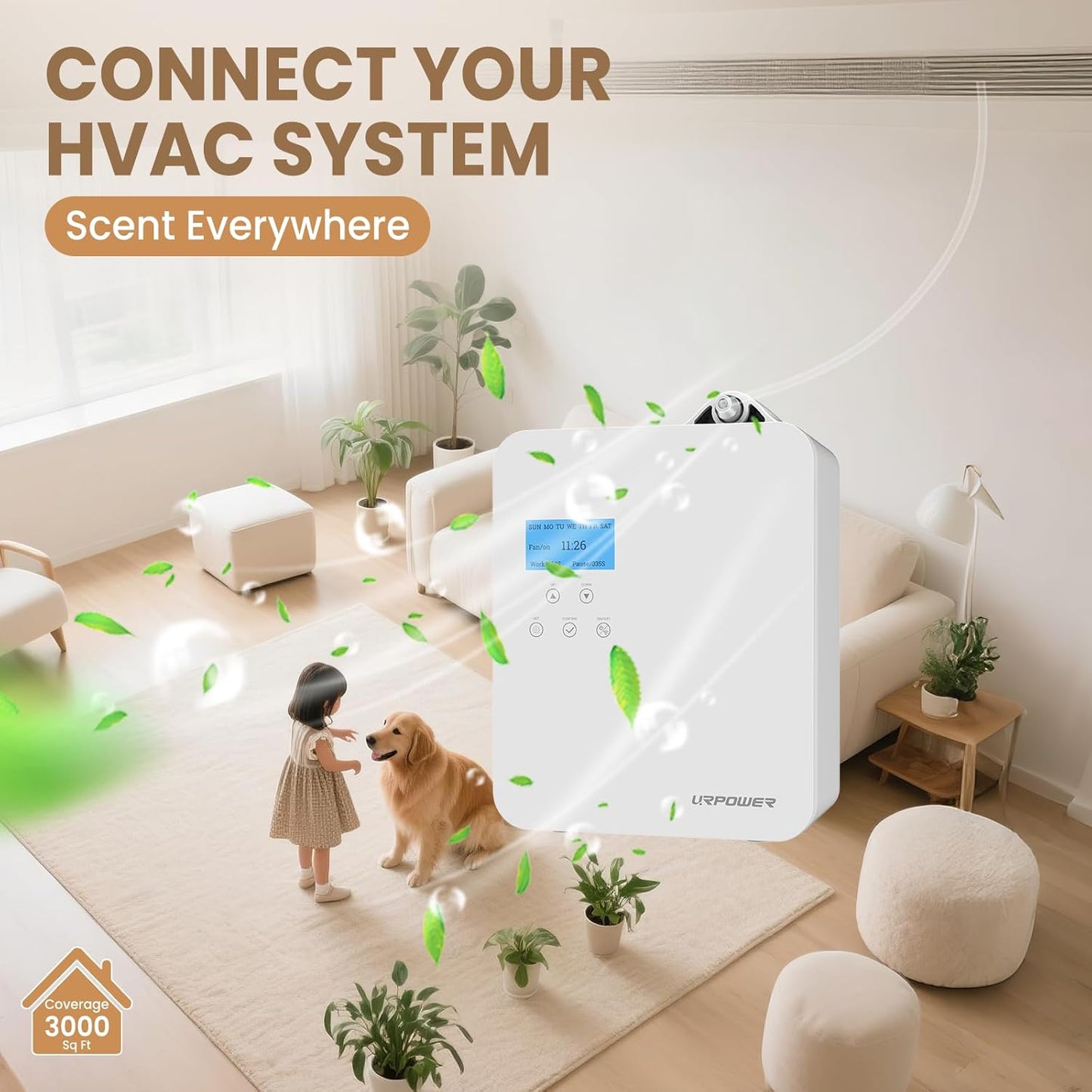 URPOWER 300ml Waterless Nebulizing Scent Diffuser Up to 3000 Sq Ft, Smart APP Control HVAC/Wall Cold-Air Aromatherapy Machine with Lockable Oil Bottle for Home/Office/Hotel Starter Oil Included