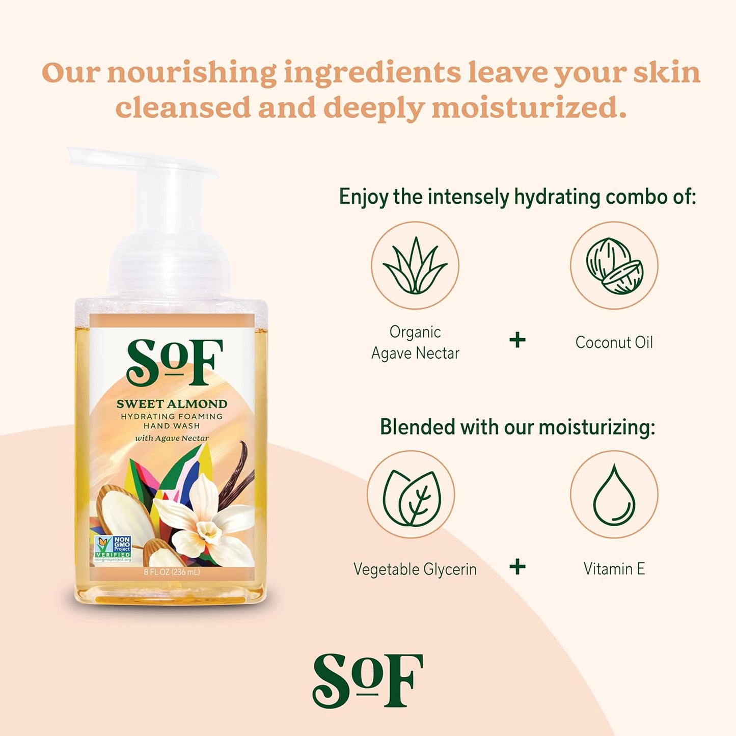 South Of France SoF Hydrating Foaming Hand Wash - With Organic Agave Nectar & Coconut Oil- Vegan & Non GMO- Free From Phthalates, Sulfates & Parabens- Sweet Almond - 8 oz Bottle 6 Pack