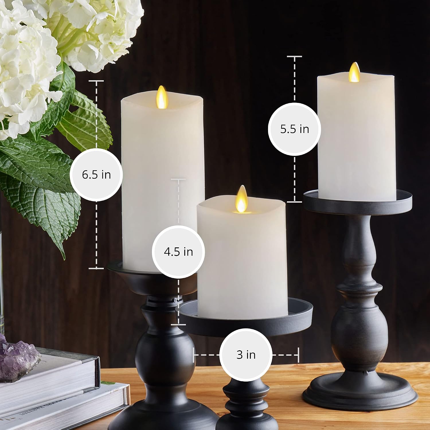 Luminara Realistic Flameless LED Candle White Set of 3, Battery Operated with Remote Control, Moving Flame Pillar Timer Funtion Melted Top Safe