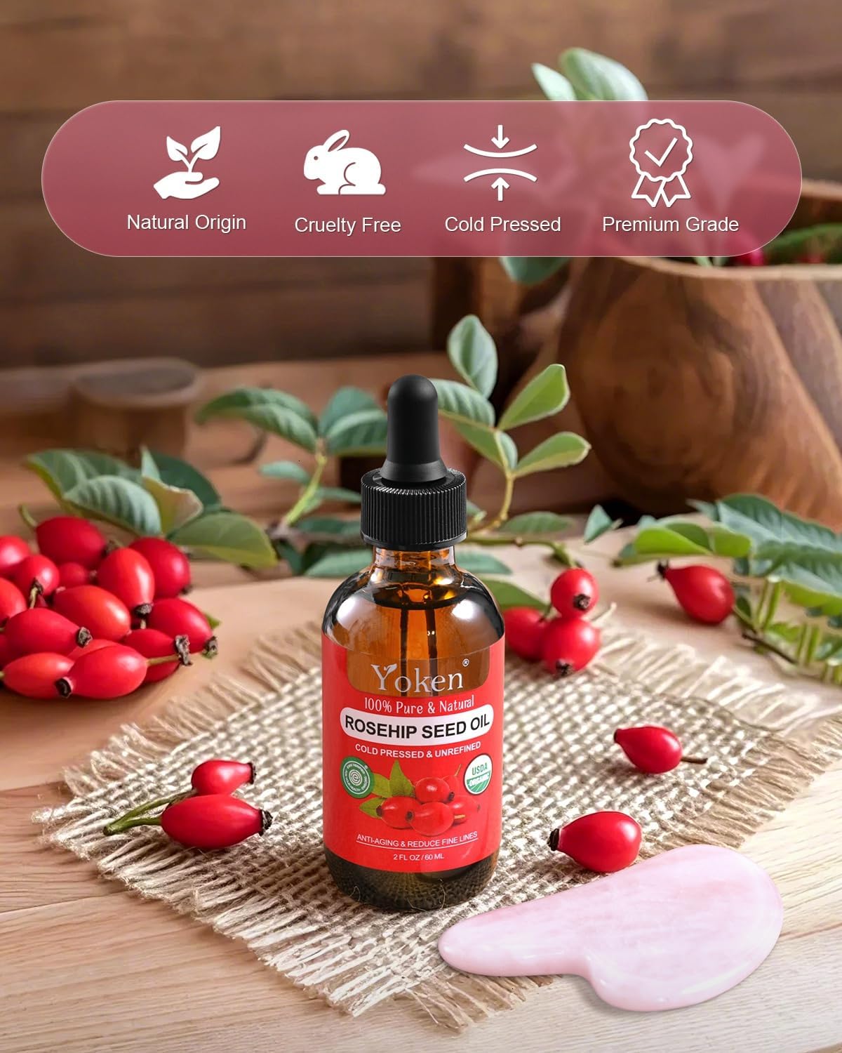 Yoken Organic Rosehip Seed Oil for Face, 100% Pure and Natural Cold Pressed Unrefined Rosehip Oil Carrier for Skin, Hair & Nails - Lightweight, Fast-Absorbing (2 fl oz)