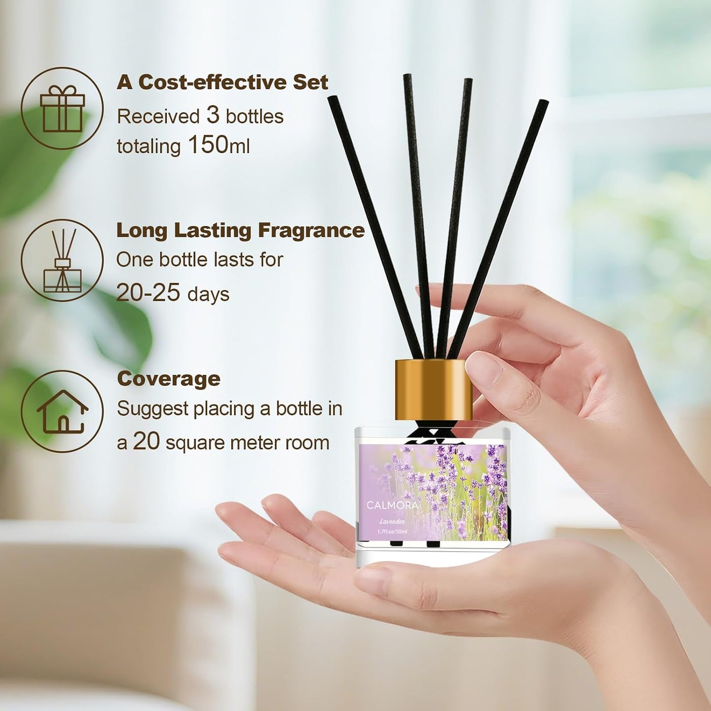 CALMORA Reed Diffuser Gift Set of 3, 50ml Home Fragrance Diffuser with 15 Reeds Sticks | Flameless Lily & Jasmine/Lavender/Fresh Linen Scented Oil for Women, Mom, Housewarming