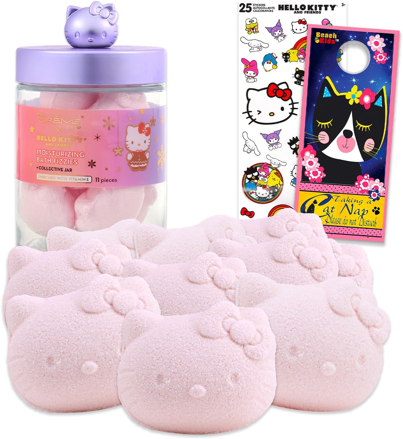 The Crème Shop x Hello Kitty Bath Fizzies for Kids - Bundle with 11 Scented Mini Bath Bombs in Collectible Jar Plus Stickers, More | The Crème Shop x Hello Kitty Bathroom Set for Kids, Teens, Adults