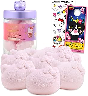 The Crème Shop x Hello Kitty Bath Fizzies for Kids - Bundle with 11 Scented Mini Bath Bombs in Collectible Jar Plus Stickers, More | The Crème Shop x Hello Kitty Bathroom Set for Kids, Teens, Adults
