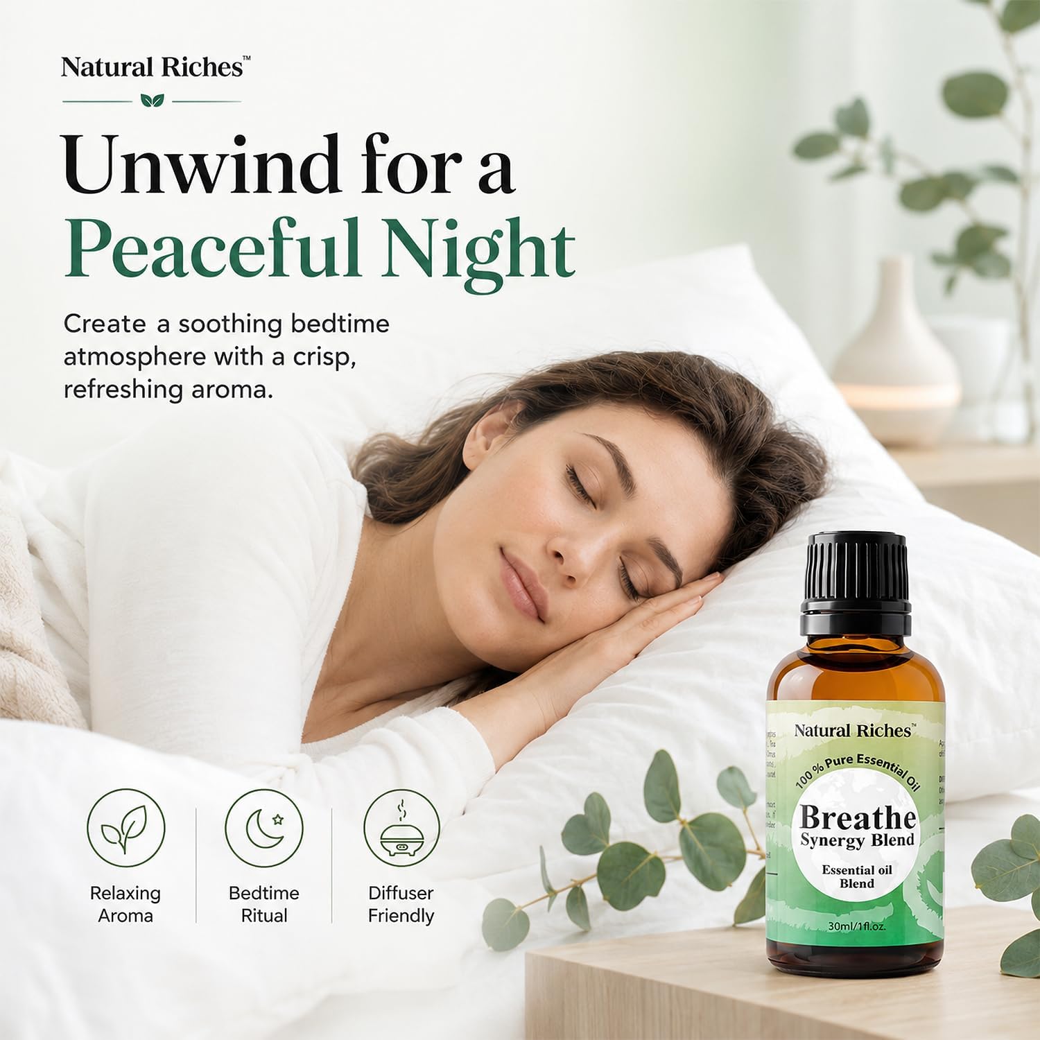 Natural Riches Breathe Essential Oil Blend Breathe Easy with Peppermint Eucalyptus Tea Tree Lemon Cardamom Pine Needle Essential Oils - 30 ml
