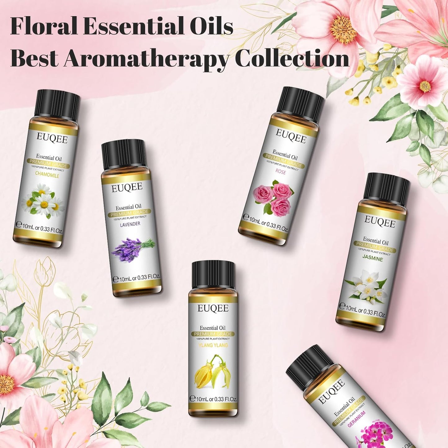 EUQEE 6 Pcs Pure Essential Oils Set, Premium Floral Scent Kit for Aromatherapy Diffuser, DIY Body Care, Home Fragrance, Massage– Lavender, Rose, Ylang Ylang, Jasmine, Geranium, Chamomile