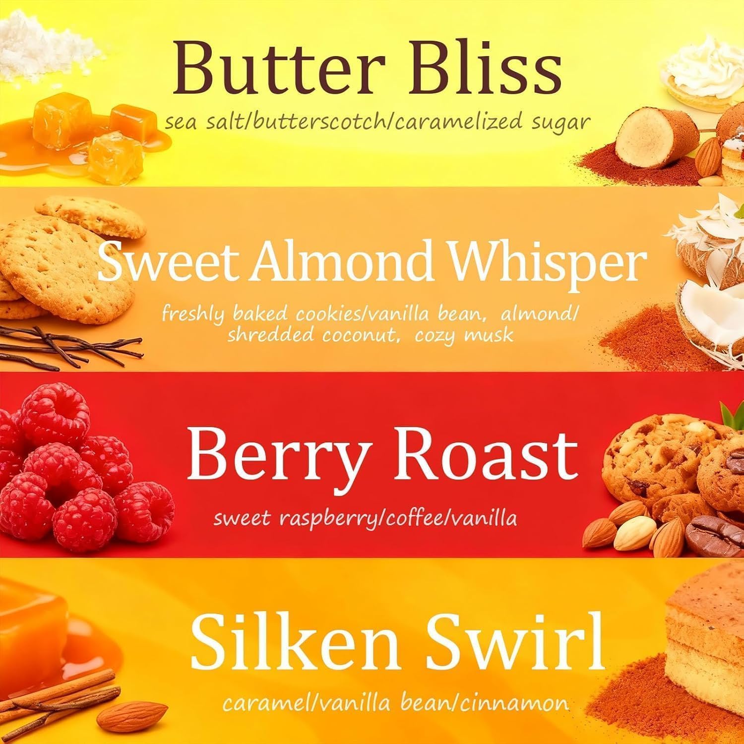 Wax Melts Variety Pack - 64 Bear Shaped Soy Wax Tarts with US Essential Oils - Includes Silken Swirl, Sweet Almond Whisper, Berry Roast, Butter Bliss