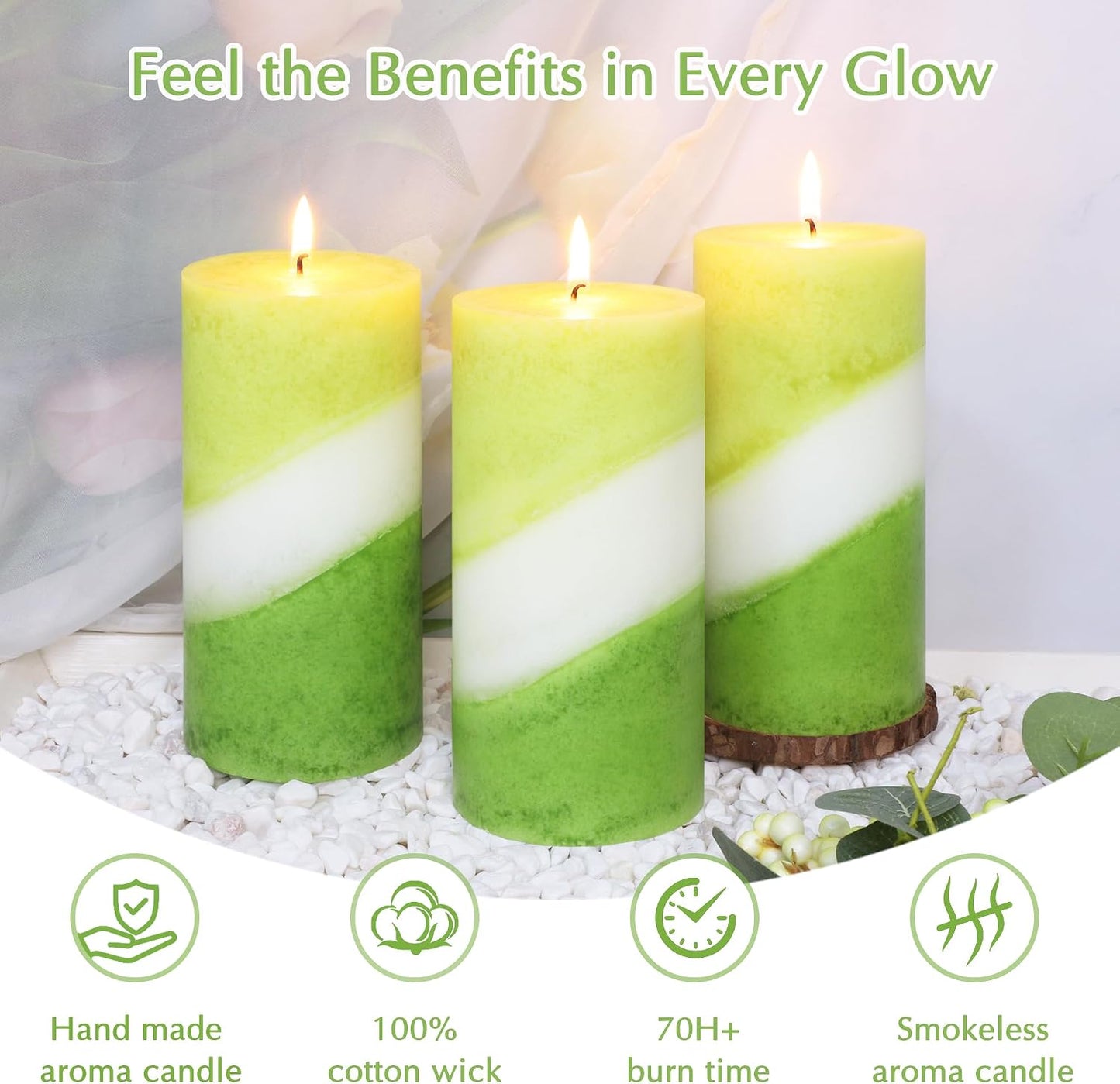 Eucalyptus Mint Scented Pillar Candles, 3x6 Inch Green and White Striped 100% Cotton Core Paraffin Wax Candles for Home Room Shelf Decor Idea, Set of 3