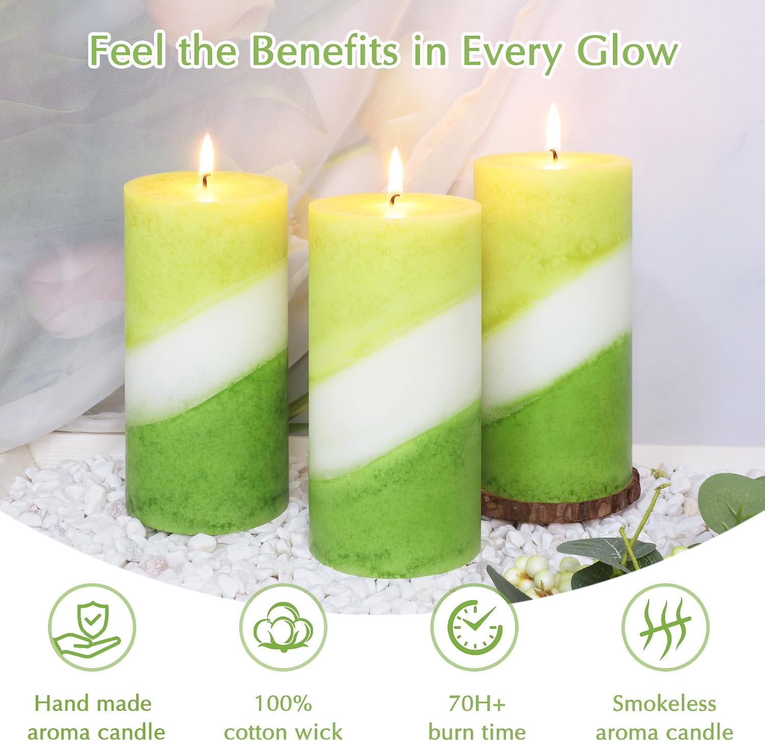 Eucalyptus Mint Scented Pillar Candles, 3x6 Inch Green and White Striped 100% Cotton Core Paraffin Wax Candles for Home Room Shelf Decor Idea, Set of 3