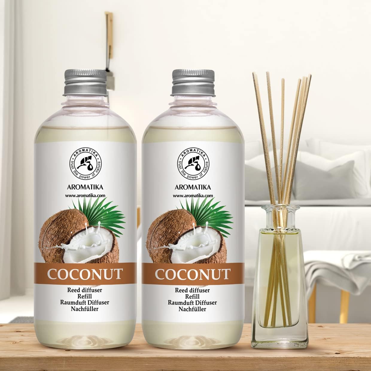 Reed Diffuser Refill Coconut - 2 x 17 Fl Oz - Room Diffuser Refill - Home Fragrance - Air Freshener - Scented Diffuser - Coconut Aroma - Room Fragrance - Coconut Scented Diffuser