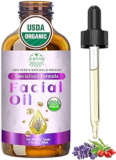 Organic Face Oil with Lavender, Rosehip, Frankincense, Pomegranate & Vitamin E - USDA Certified Cold Pressed 100% Natural Anti-Aging Facial Oil for Moisturizing, Brightening - 1oz / 30ml