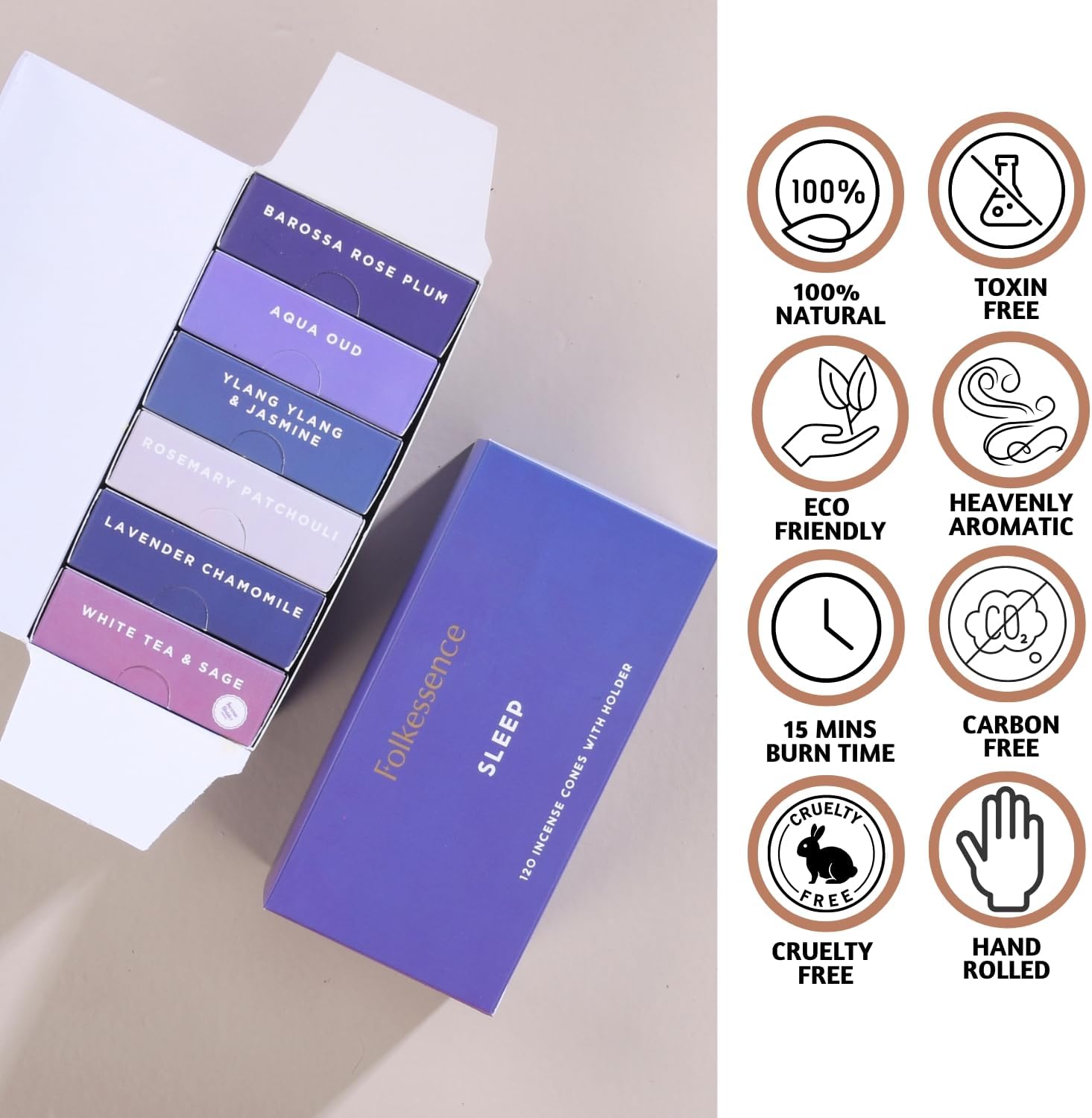 Folkulture Incense Cones (120 Cones) | Set of 6 Premium Insence Cones for Deep Sleep, Relaxation, Aromatherapy, Gifts | No Charcoal, Organic, Non Toxic Lavender, Rosemary, Patchouli Inscents-Cones