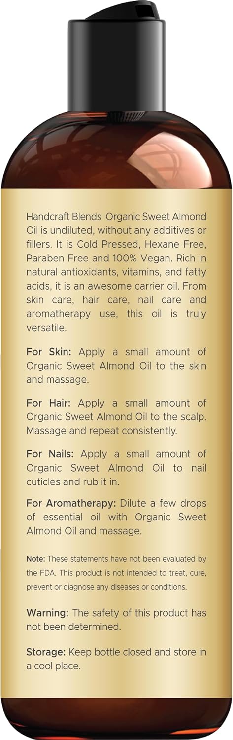 Handcraft Blends Organic Sweet Almond Oil | 100% Pure and Natural | Bath & Body Oil | Premium Grade Carrier Oil | Skin | Hair | Body | Massage | Hexane-Free | 8 Fl Oz