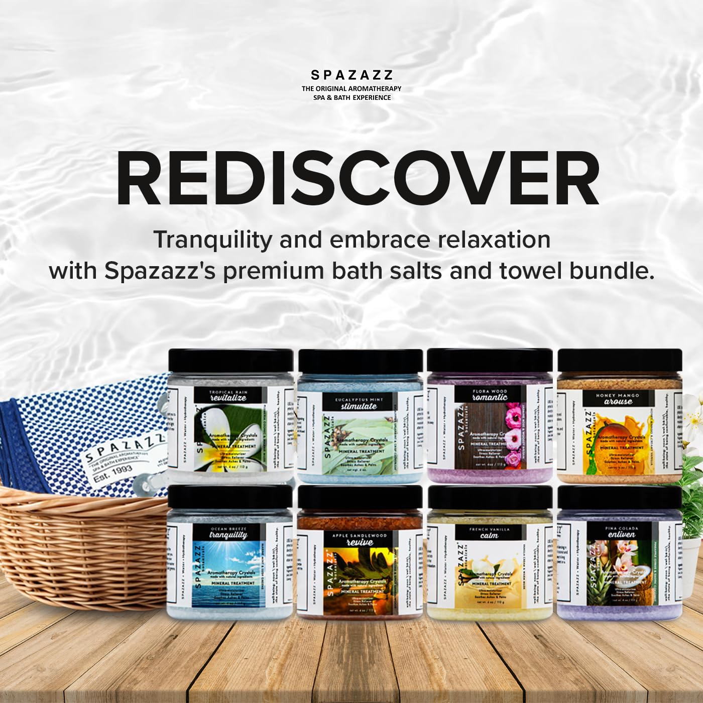 Hot Tub Aromatherapy Bath Salt 8-Pack Botanicals Bundle (4oz) - Apple Sandalwood, French Vanilla, Flora Wood, Ocean Breeze Pina Colada, Honey Mango,Tropical Rain, Eucalyptus, with Hot Cold Towel