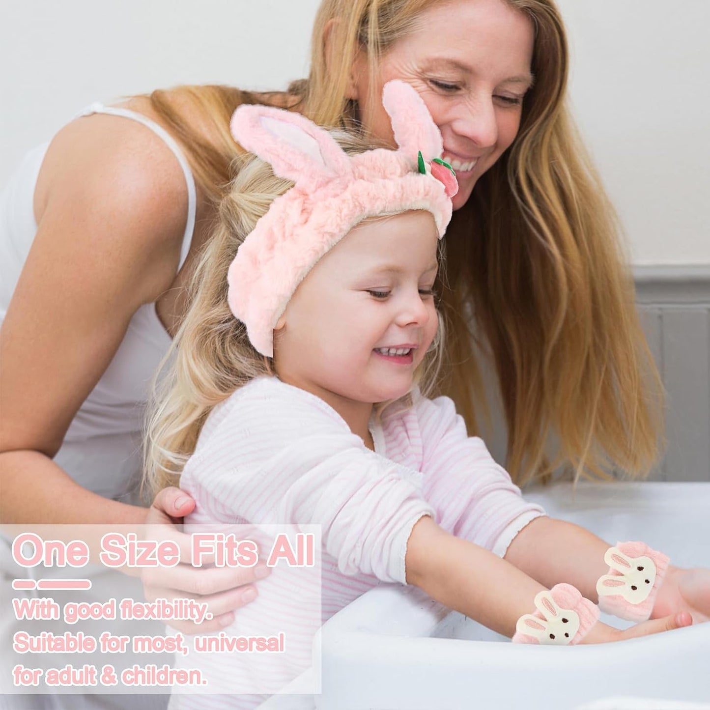WHAVEL 3PCS Face Wash Headband and Wristband Set, Cute Rabbit Ears Headband for Washing Face Makeup Head band Wrist Towels Arm Bands (pink)