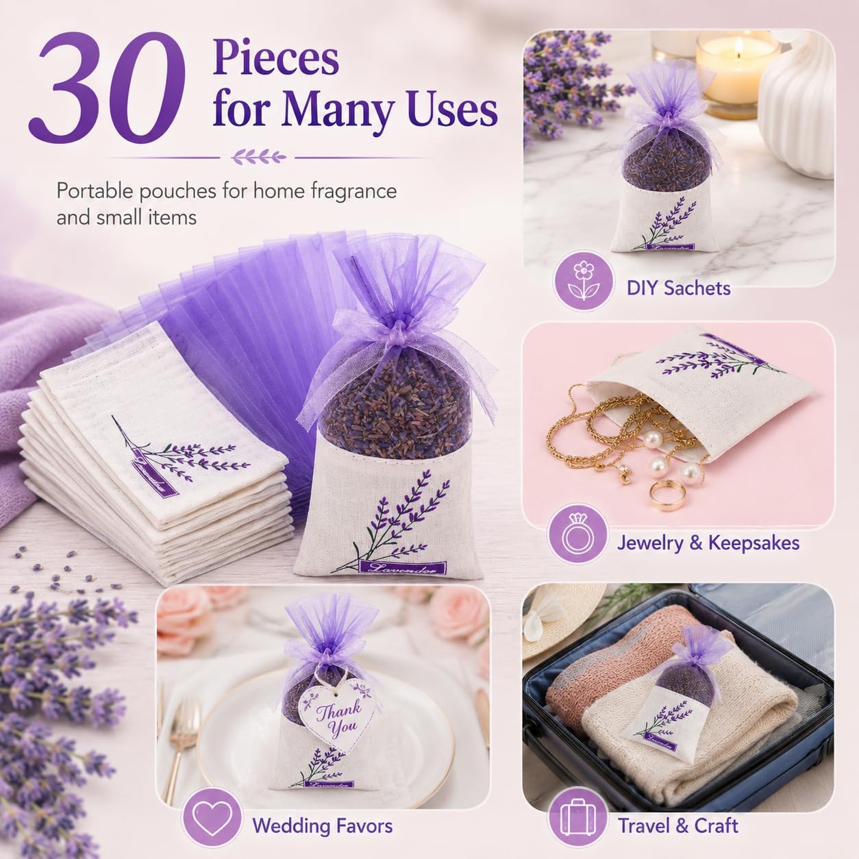 Garneck 30pcs Sachet Bags: Empty Lavender Sachet Bags with Drawstring Cotton Linen Pouch for Spices Lavender Buds Jewelry Wedding Party Decor DIY Craft