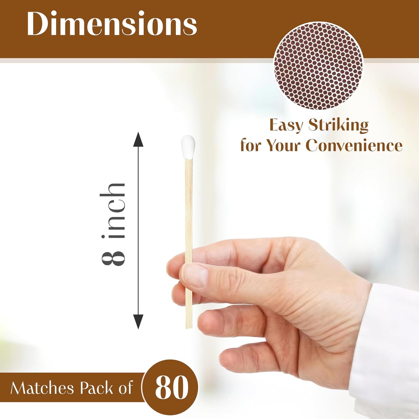 White Tip Fireplace 8-inch Long Shabbat Matches Pack of 80 Decorative Safety Matches with Cork Top Glass Holder Including Striker Ideal for Lighting