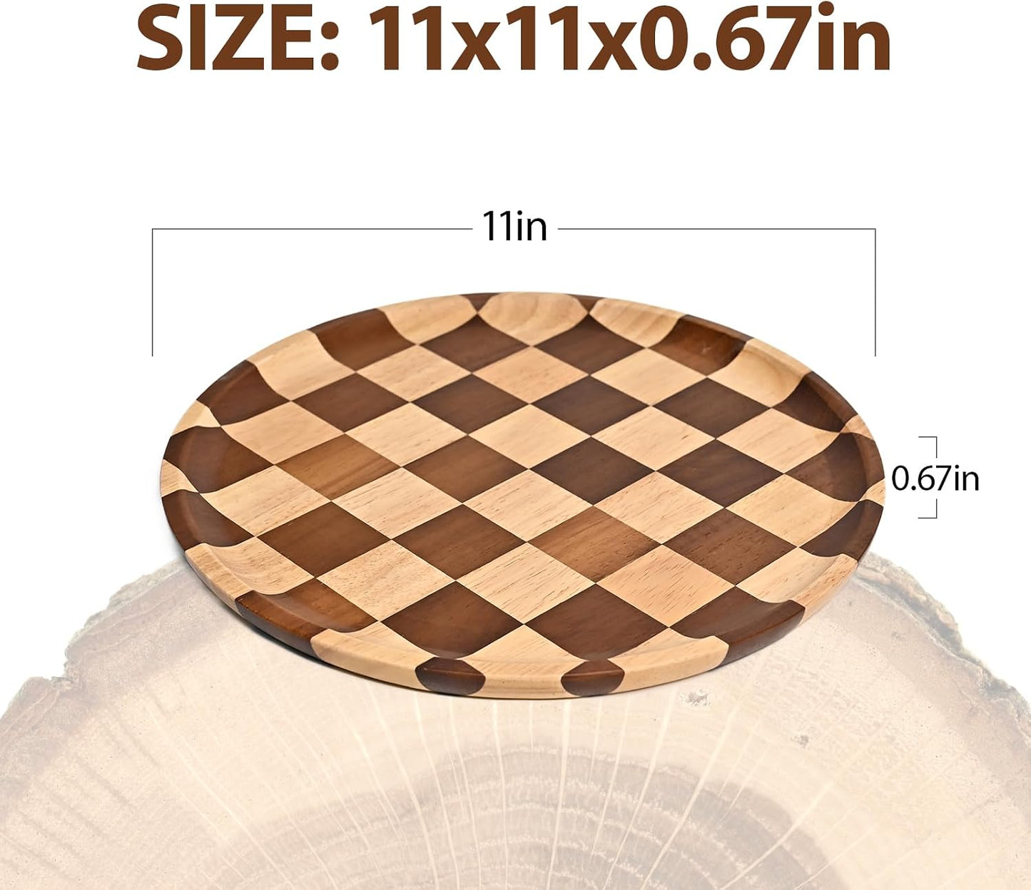 MSJGA 11 Inches Round Wooden Serving Trays Decorative Candle Plate Holder with Unique Checkered Design for Home Decor, Coffee Table, Dining Table, Kitchen Island