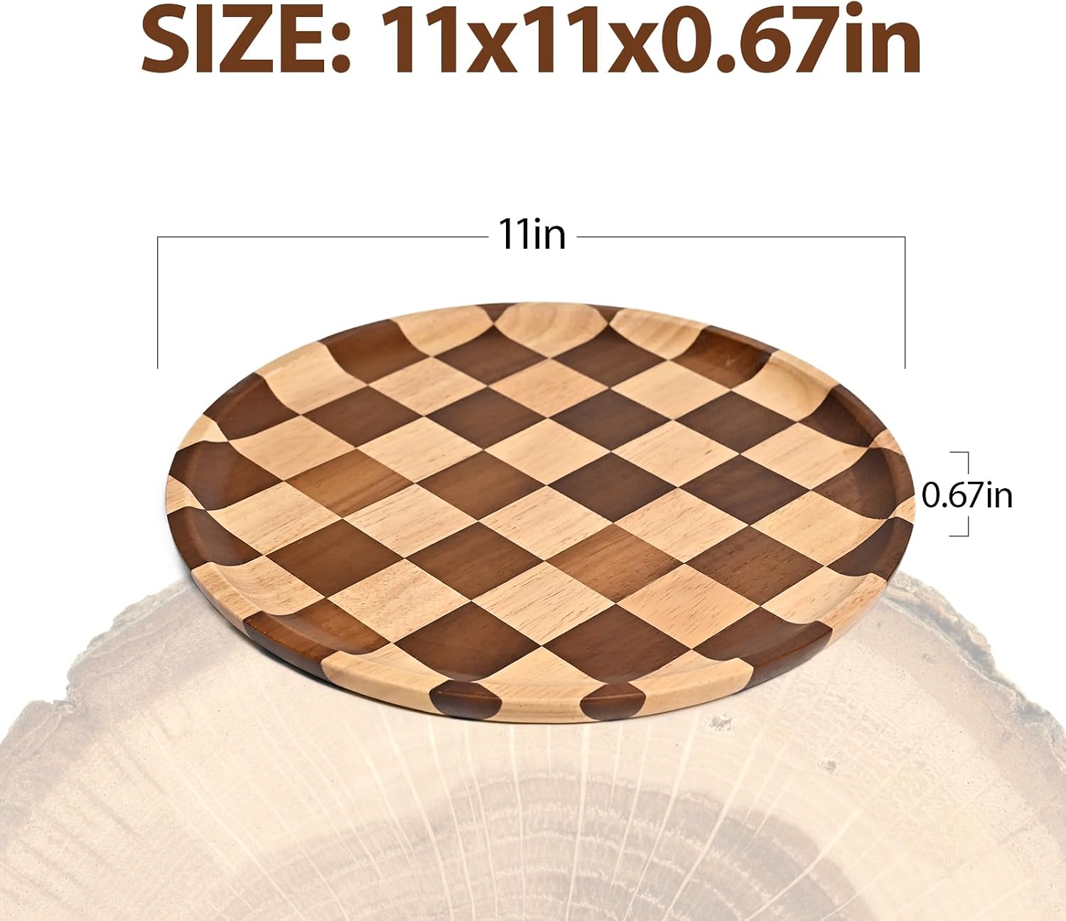 MSJGA 11 Inches Round Wooden Serving Trays Decorative Candle Plate Holder with Unique Checkered Design for Home Decor, Coffee Table, Dining Table, Kitchen Island