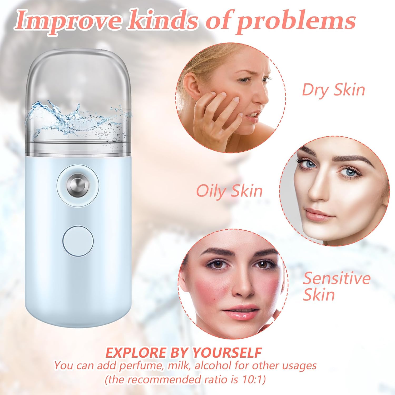 Mudder 4 Pcs Nano Facial Mister Handy Nano Mist Sprayer 30ml Visual Water Tank Portable Face Steamer Mini USB Mister for Lash Extensions, Skin Care, Makeup(Black, Blue, Light Pink, Pink)