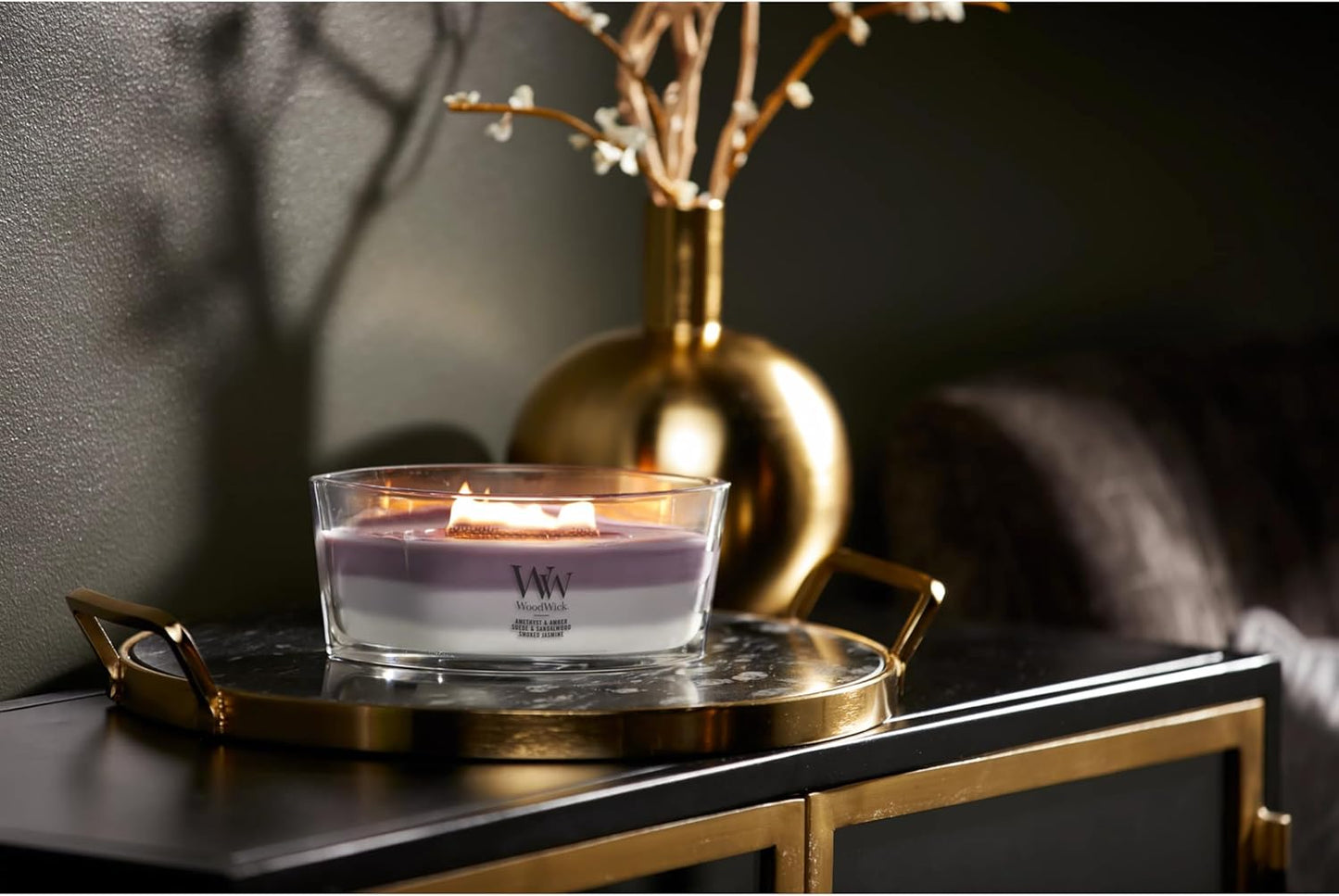 WoodWick Amethyst & Amber Gifts for Women and Men, 16 oz Ellipse Trilogy Candle with Crackling Wick