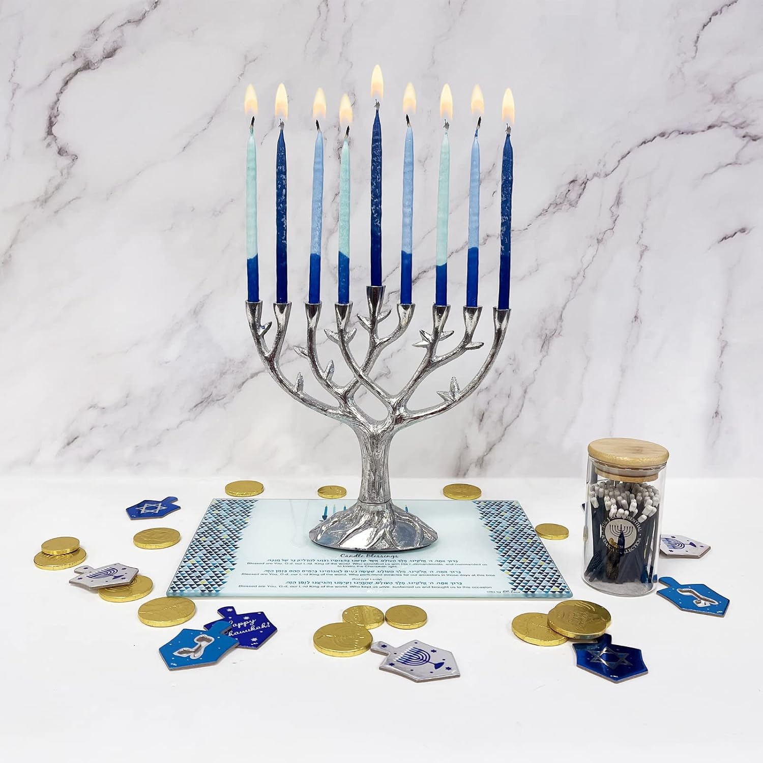 Rite Lite Hanukkah Matches for Menorah Candles in Glass Container Bulk Pack of 75 Long Matches - Chanukah Gifts Jewish Holiday Party Favors Accessories Decorations Judaica Festival of Lights Matchbox