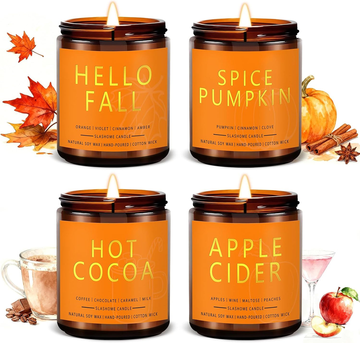 Fall Candles Set | 4 Pack Candles for Home Scented Natural Soy Wax, Autumn Gifts Set for Women Men, Fall Fragrance of Hellofall, Spice Pumpkin, Apple Cider, Hot Cocoa