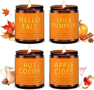 Fall Candles Set | 4 Pack Candles for Home Scented Natural Soy Wax, Autumn Gifts Set for Women Men, Fall Fragrance of Hellofall, Spice Pumpkin, Apple Cider, Hot Cocoa