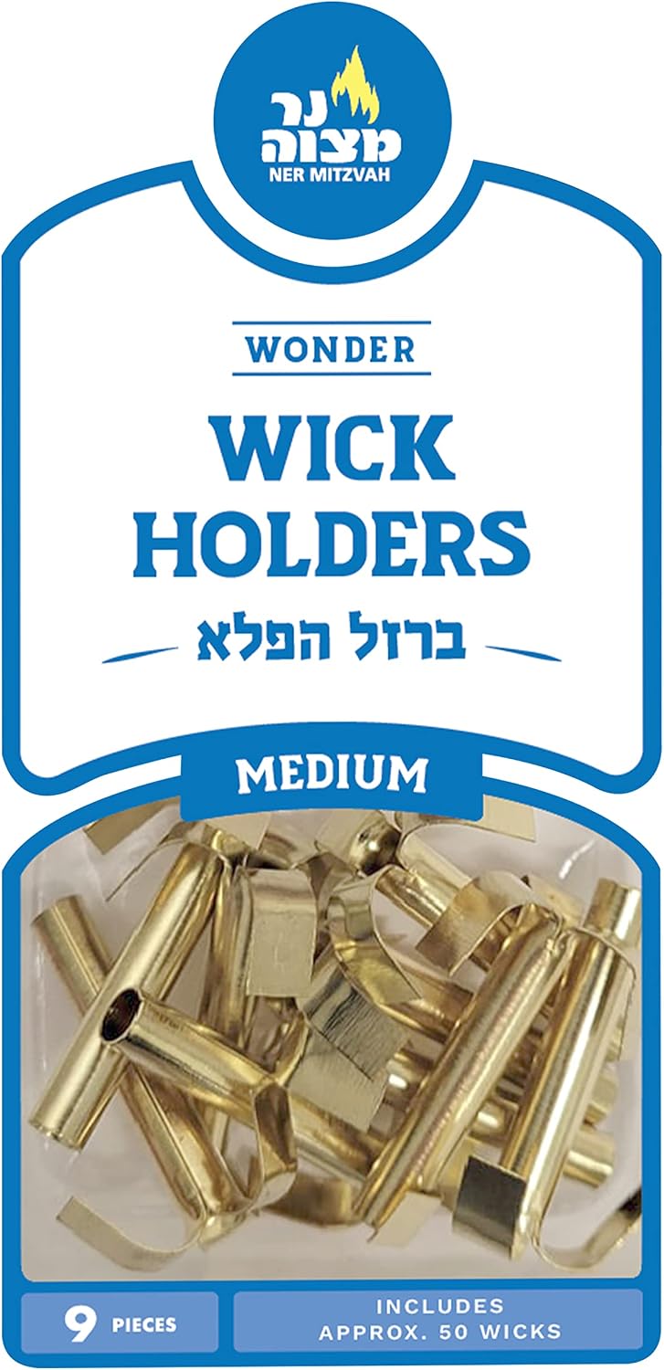Ner Mitzvah Wonder Wick Holder Set – 9 Medium Holders and 50 Wax Coated Red Cotton Wicks – Sits in Full Oil Cup for Optimal Safety and Burn Time