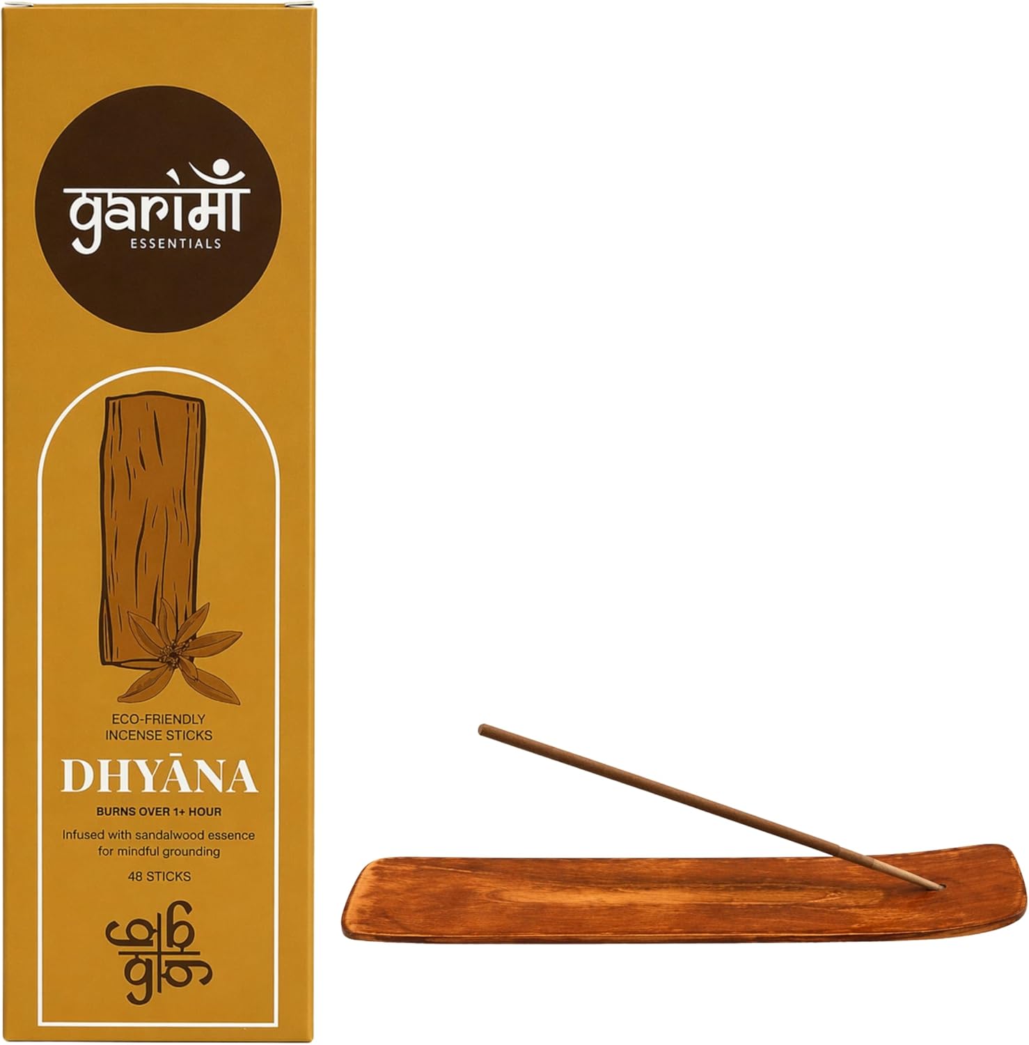 Premium Dhyana Sandalwood Natural Incense Sticks - Long Lasting Charcoal Free Incense, Meditation, Yoga, Relaxation, Outdoor Fragrance Pack of 48 Sticks with Free Wooden Stand