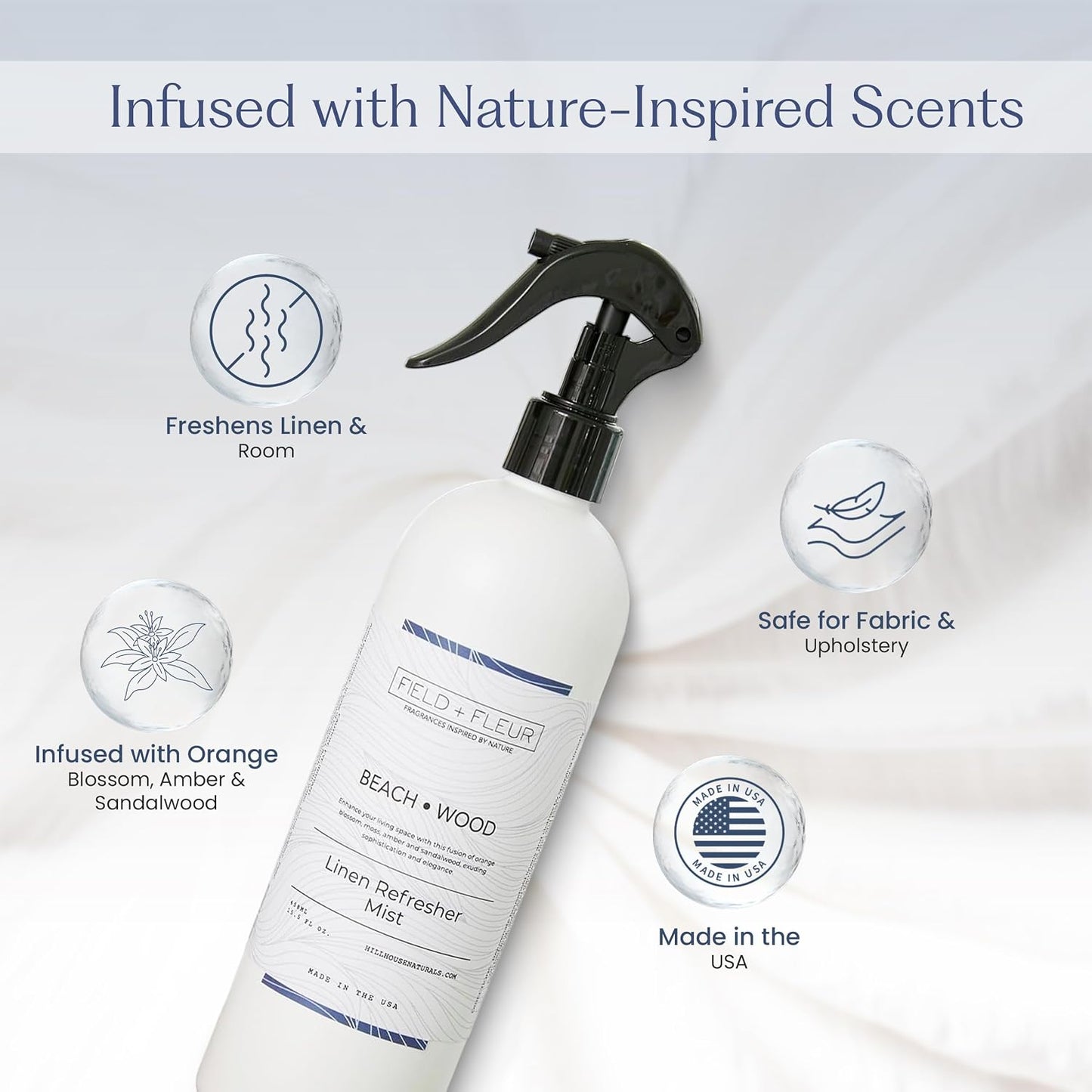 Field + Fleur - Linen Refresher Mist - Aromatic Spray for Fabrics - Refresh Bedding, Curtains & More - Notes of Orange Blossom, Moss, Amber & Sandalwood - Made in the USA -Beach Wood Scent -15.5 Fl Oz