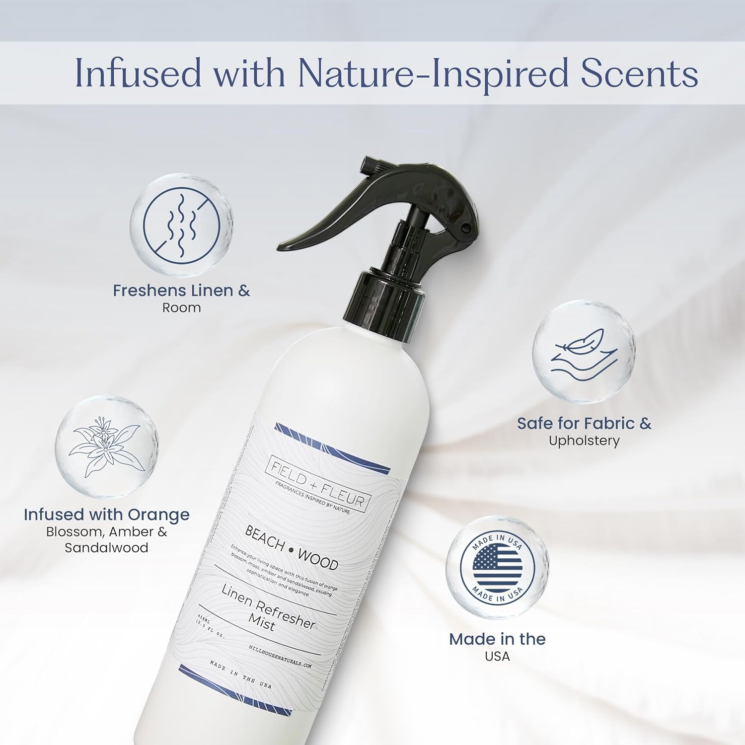 Field + Fleur - Linen Refresher Mist - Aromatic Spray for Fabrics - Refresh Bedding, Curtains & More - Notes of Orange Blossom, Moss, Amber & Sandalwood - Made in the USA -Beach Wood Scent -15.5 Fl Oz