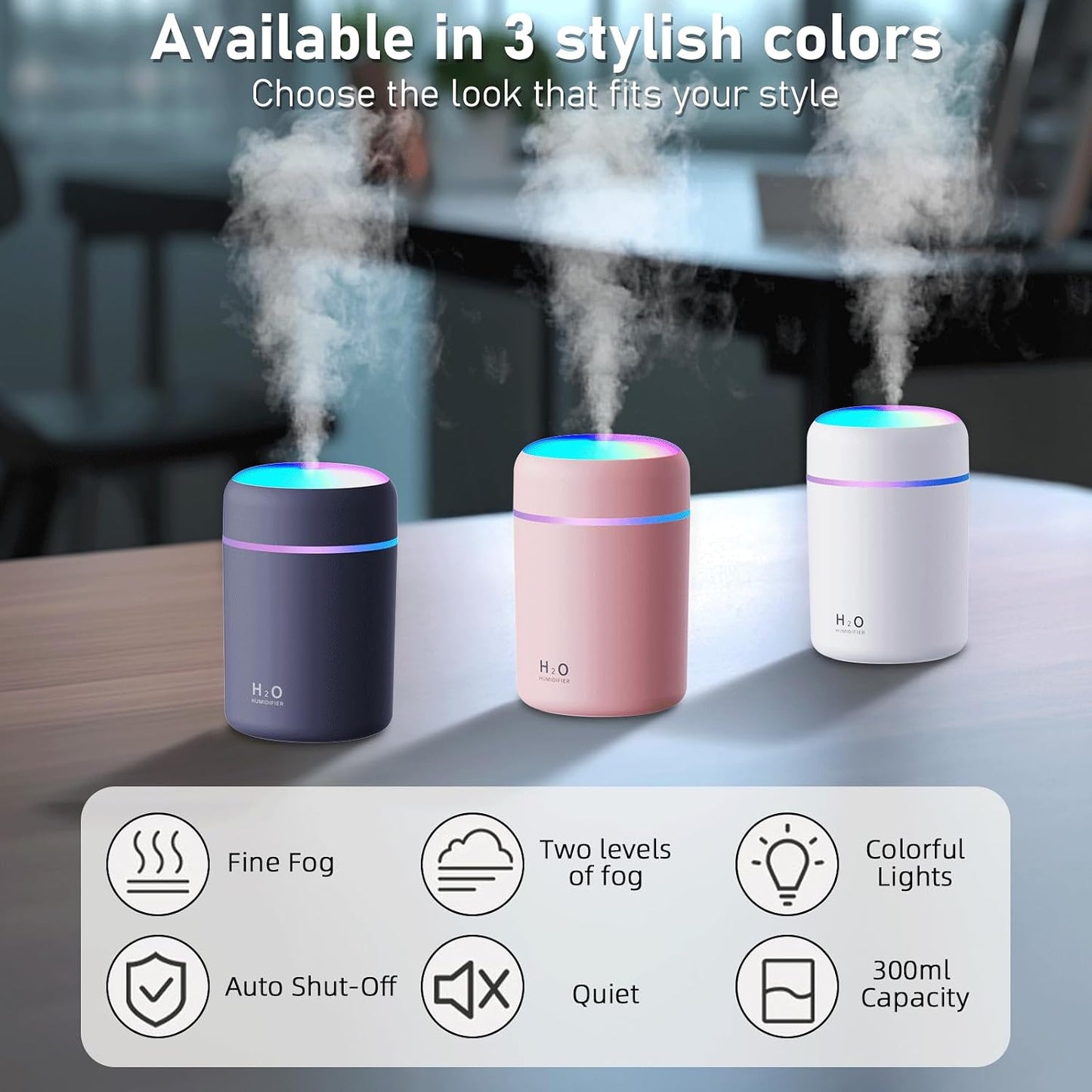 USB Essential Oil Diffuser with 6 Oils, Portable Ultrasonic Aromatherapy Diffuser for Home & Car, Cool Mist, 7-Color LED Night Light, Auto Shut-Off, One-Button Control,3 Colors (White)