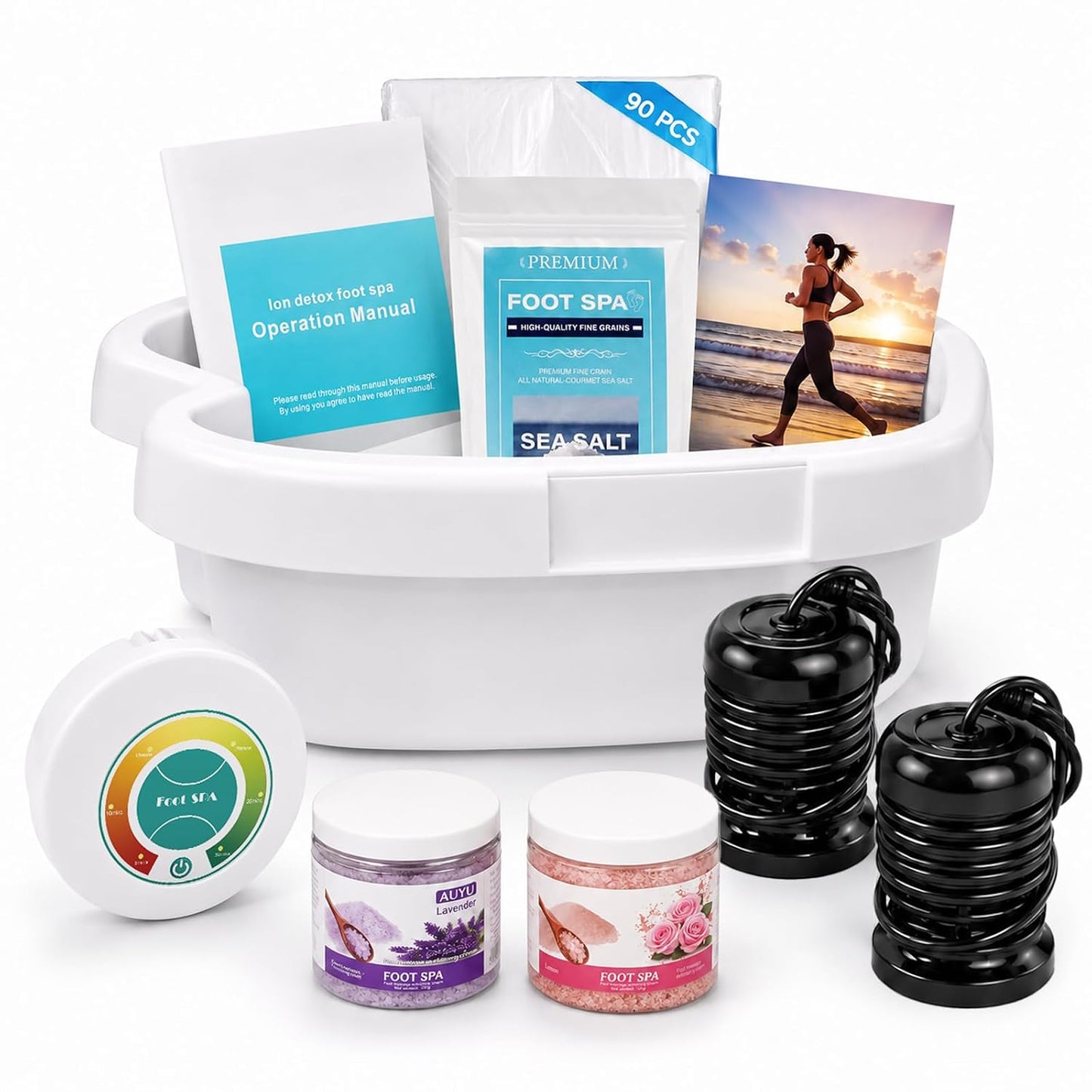 Ionic Foot Bath Detox Machine for Home Use, Ion Soak Foot Spa with Basin, Controller & 2 Ion Arrays, Includes 3 Bath Salts & 90 Disposable Liners, Spa-Quality Foot Detox Set