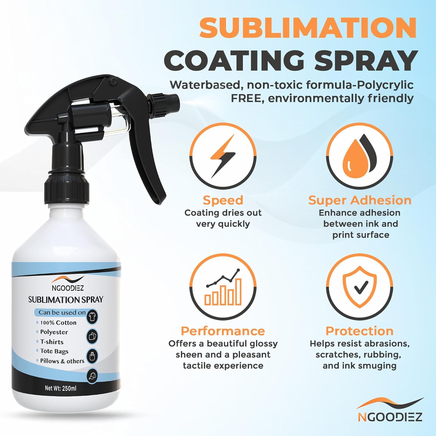 NGOODIEZ Sublimation Spray for Cotton T-Shirts & Polyester | Complete Kit with Pro Guide | Sublimation Coating Spray for All Materials | Quick Dry, Anti-Fade, Washable, One Step Application (250ml)