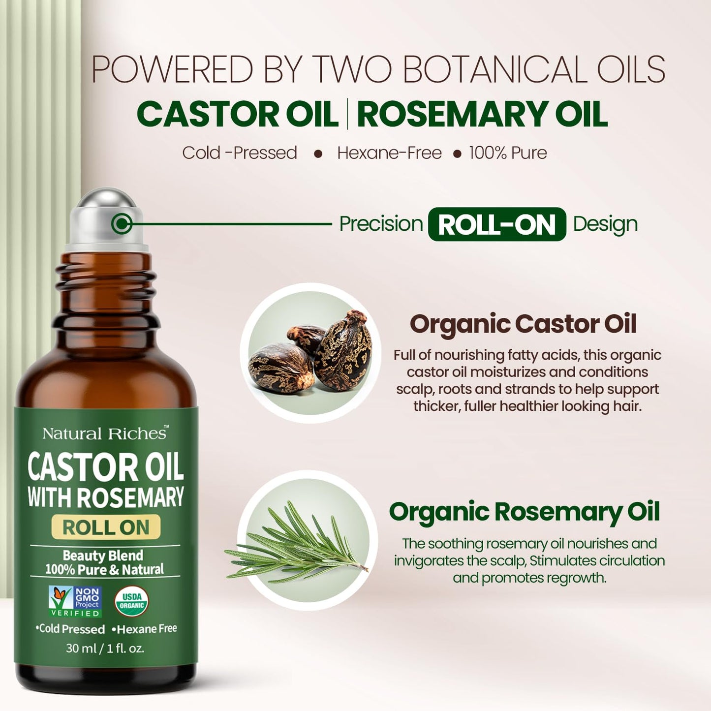 Natural Riches Organic Castor Oil with Rosemary Roll On for Hair Growth & Skin Care - Essential Oil Roller for Eyebrows, Eyelashes - Cold Pressed & Hexane Free Formula - 1 fl oz