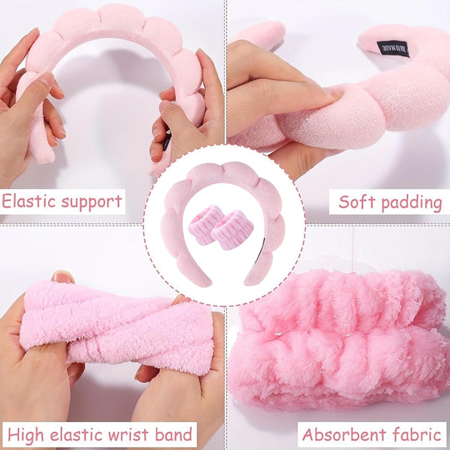 Spa Headband and Wristband Set for Women,Terry Cloth Sponge Headband for Washing Face,Makeup,Facial Mask and Skincare (Black, One Size)