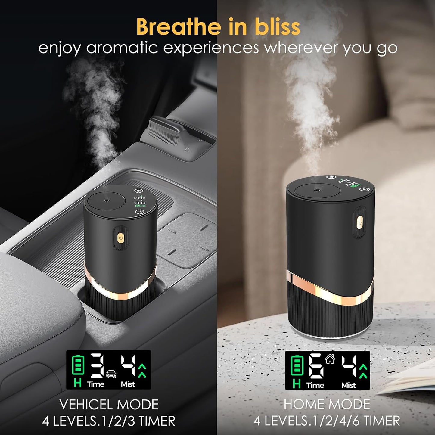 Waterless Essential Oil Diffuser Rechargable: Portable Aromatherapy Diffuser for Car and Home - 1/2/4/6H/Time Off 4 Mist Level for Room Office Bedroom (Black)