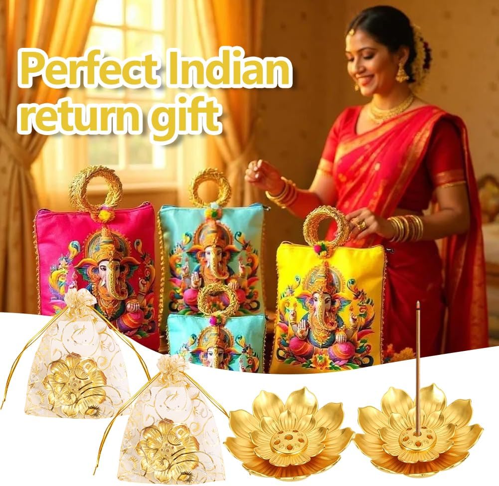 24 Set Diwali Gifts Bulk, Lotus Incense Holder, Indian Return Gifts for Pooja Bulk, Gold Lotus Incense Sticks Holder with Organza Bags & Thank You Cards, Indian Return Gift (24 Set)